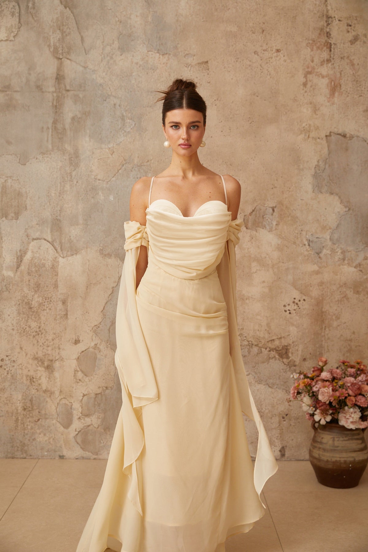 Mélusine Neutral Ruched Chiffon Maxi Dress (Final Sale-US Only)