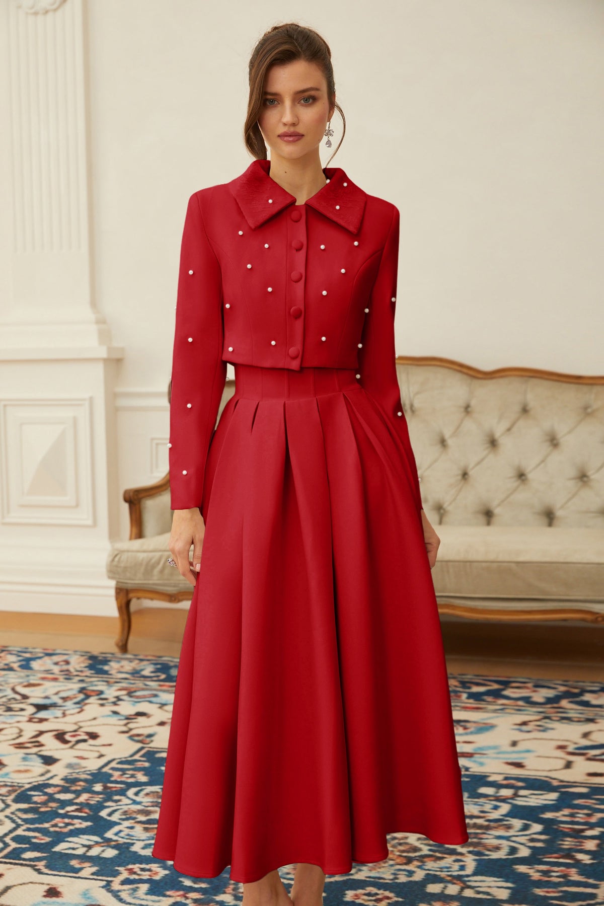 Maja Red Faux Pearl Jacket & Pleated Skirt Set