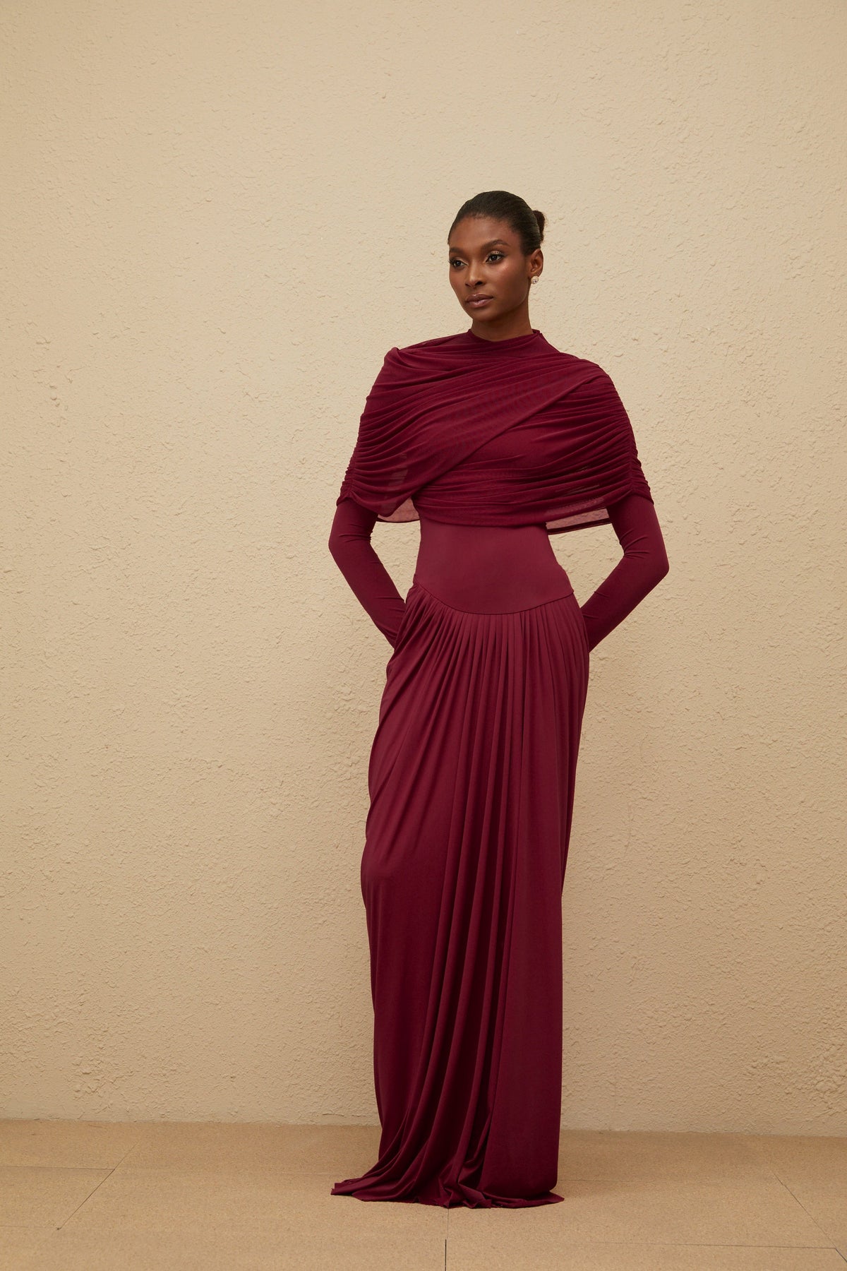 Catherine Red Asymmetrical Pleated Long-Sleeve Maxi Dress (Final Sale)