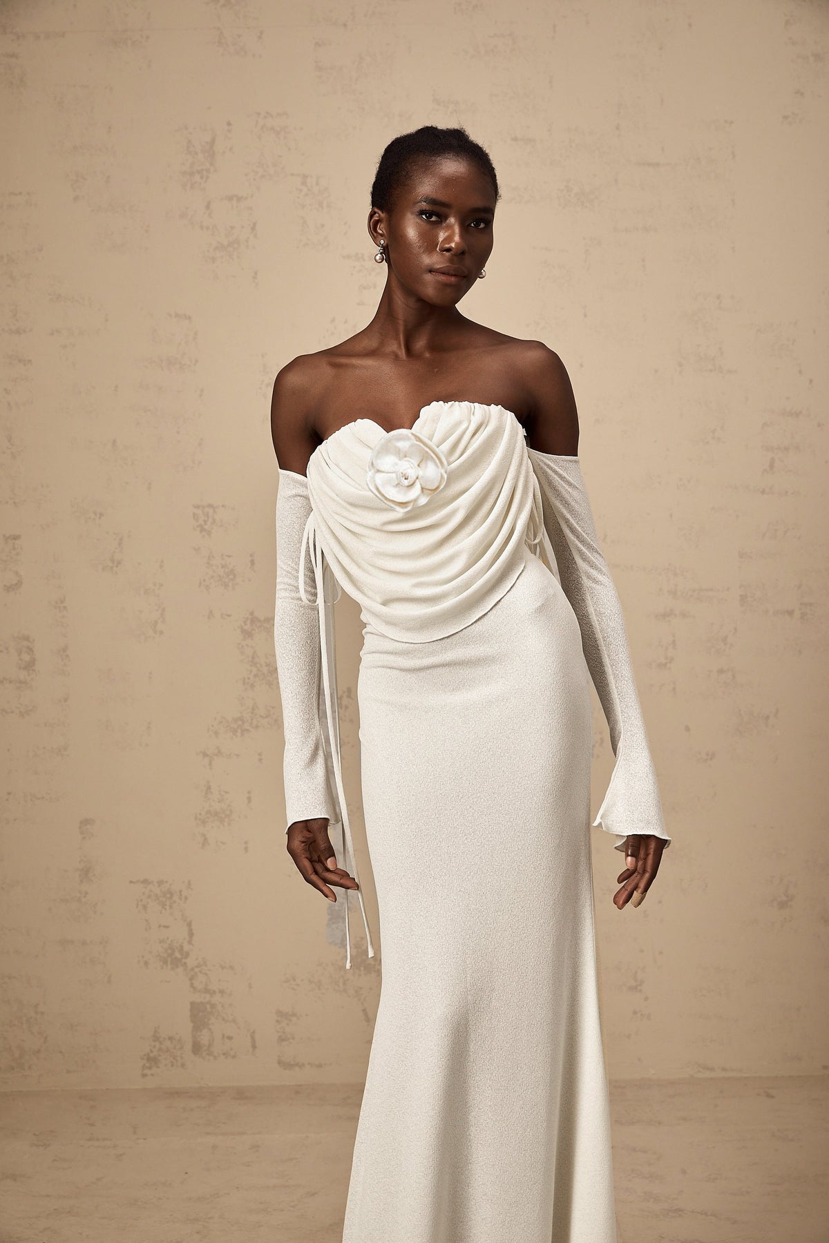 Julia floral-appliqué ruched strapless maxi dress