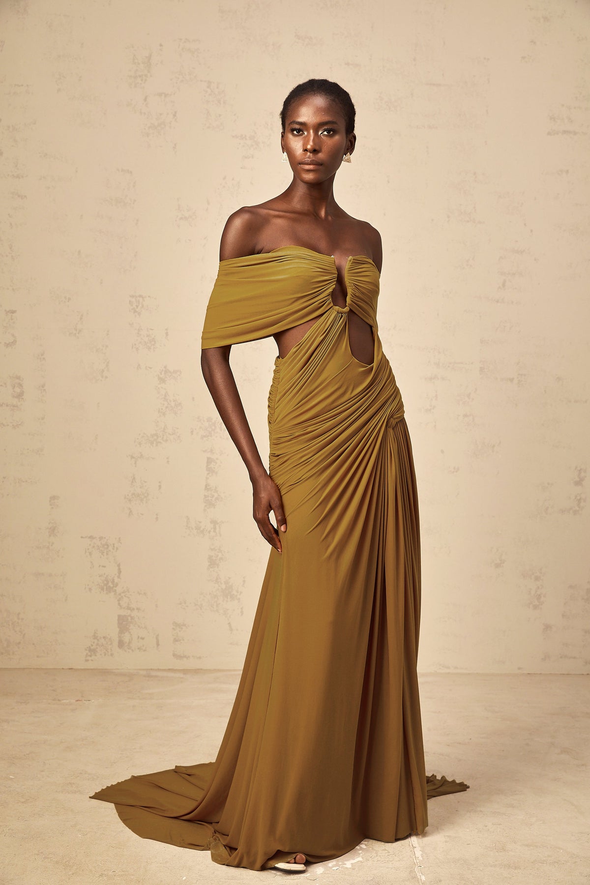Ludivine ocher off-shoulder cut-out ruched maxi dress