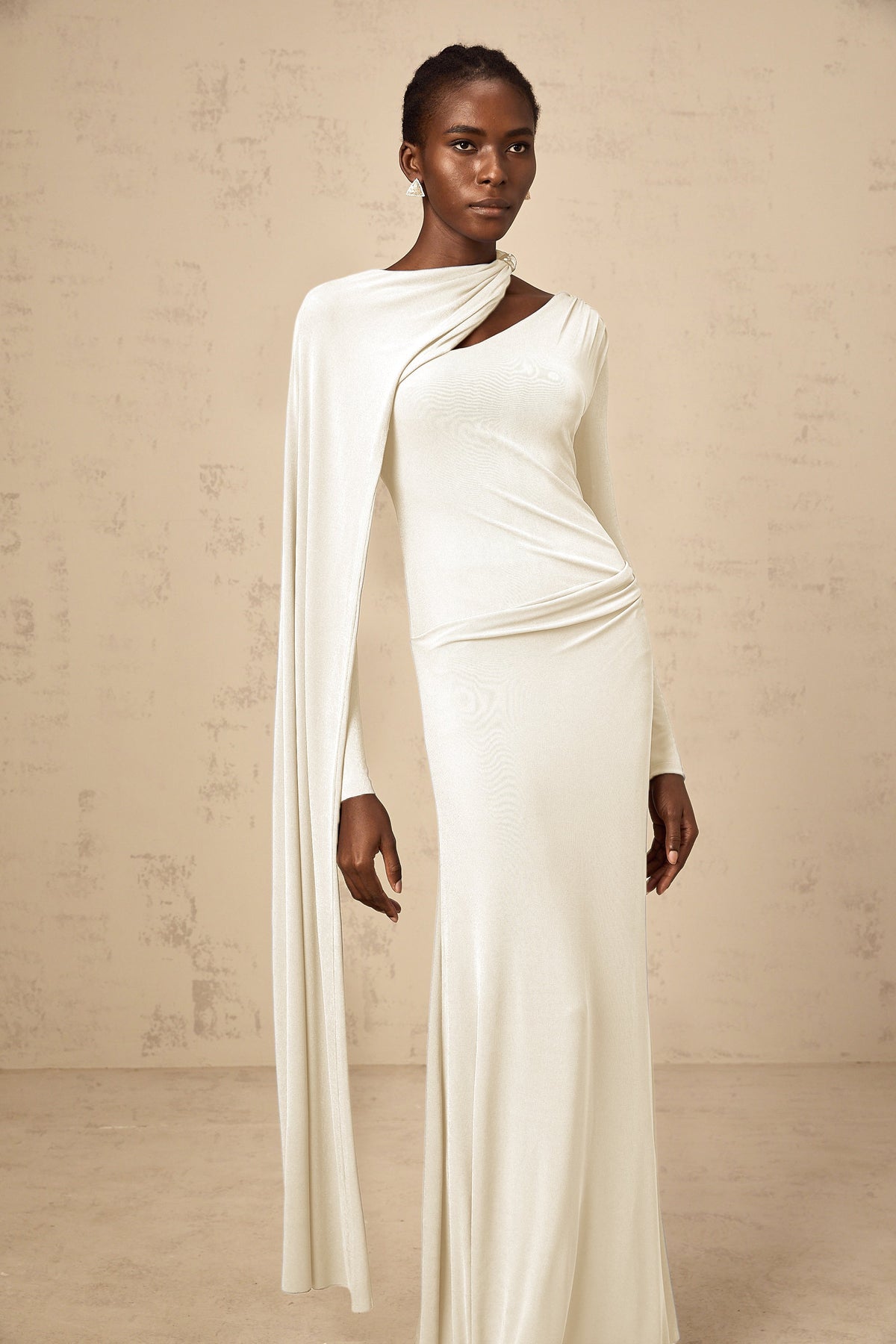 Josette White Diagonal Shawl Fitted Maxi Dress