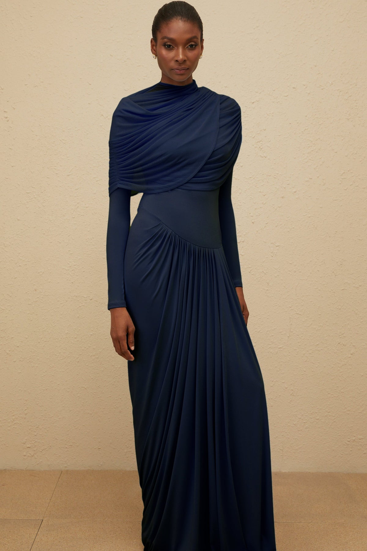 Catherine Navy-Blue Asymmetrical Pleated Long-Sleeve Maxi Dress (Final Sale)