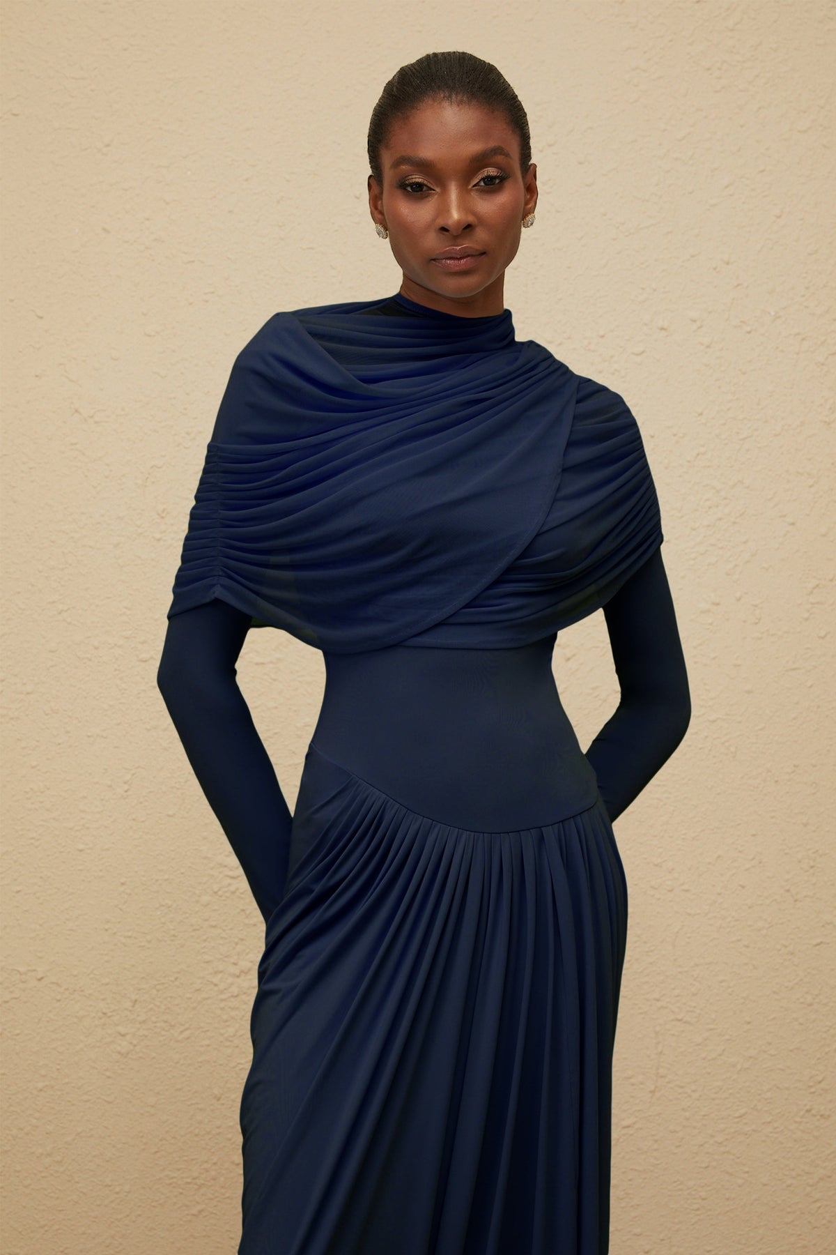 Catherine Navy-Blue Asymmetrical Pleated Long-Sleeve Maxi Dress (Final Sale-US Only)