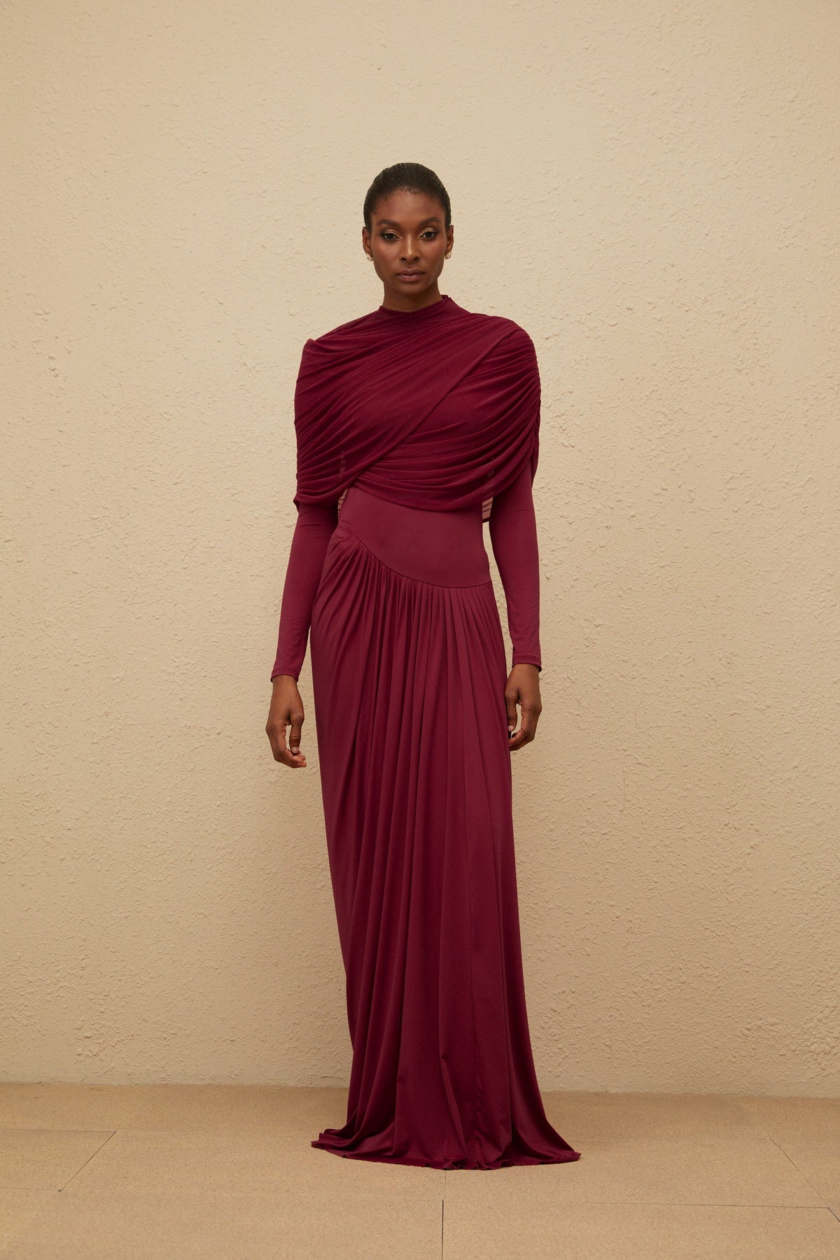 Catherine Red Asymmetrical Pleated Long-Sleeve Maxi Dress (Final Sale)