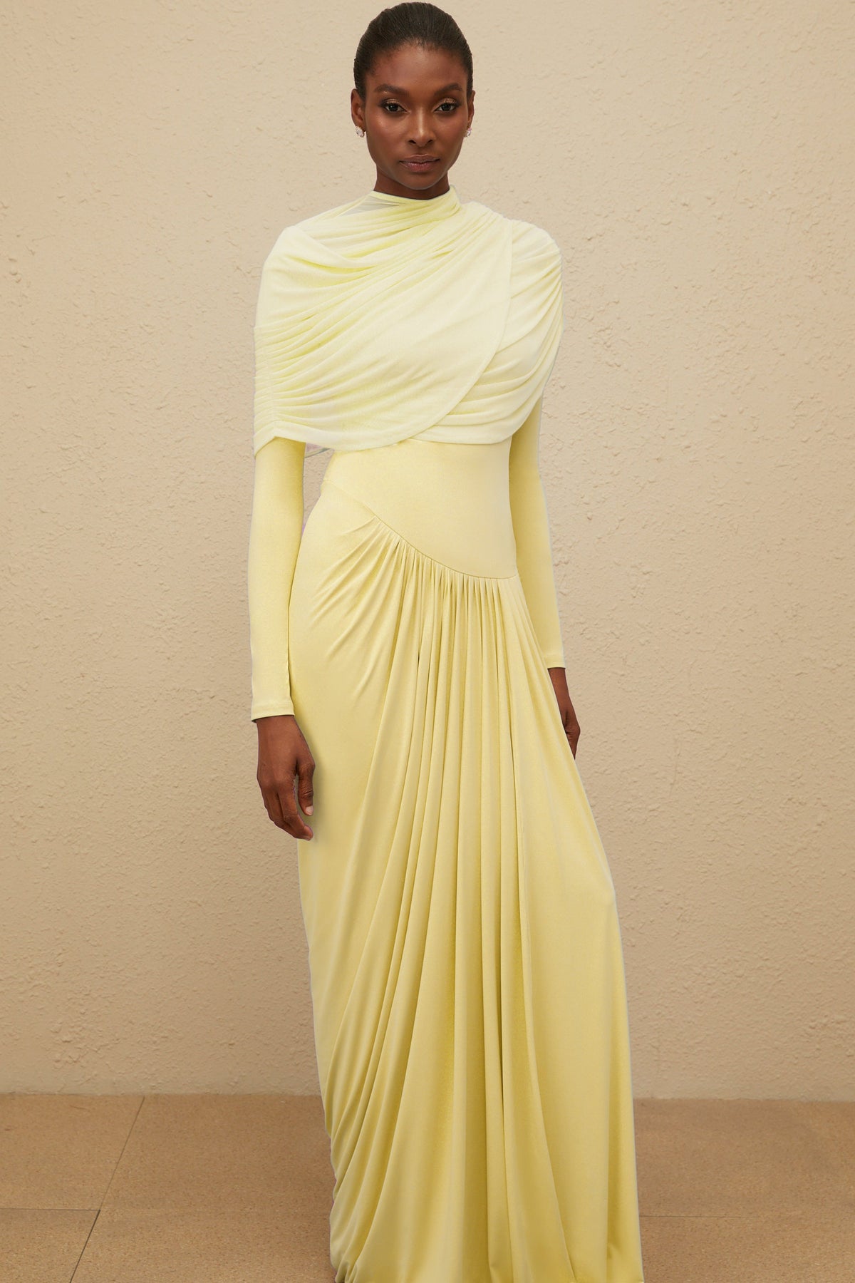 Catherine Yellow Asymmetrical Pleated Long-Sleeve Maxi Dress (Final Sale)