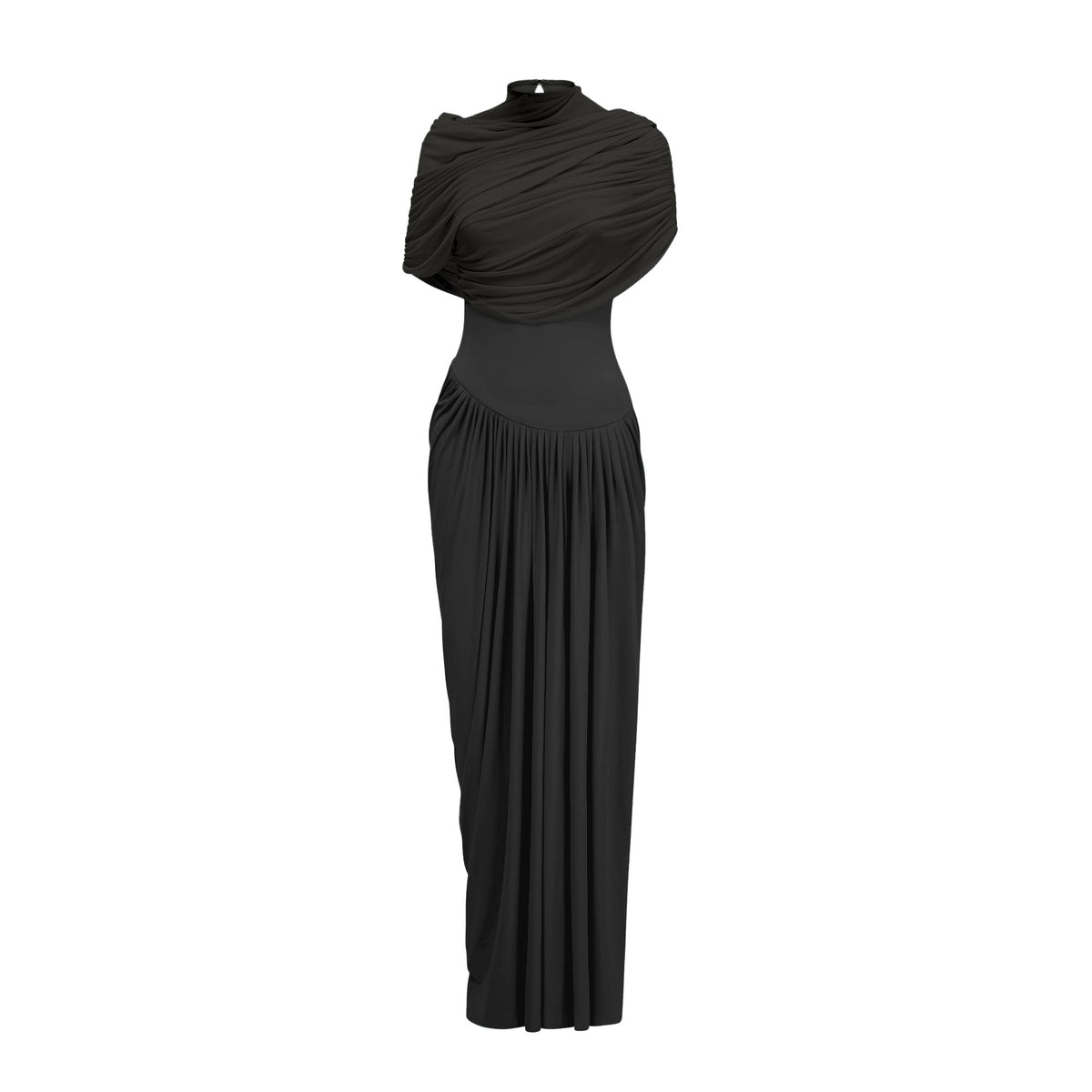 Catherine asymmetrical pleated maxi dress in Black