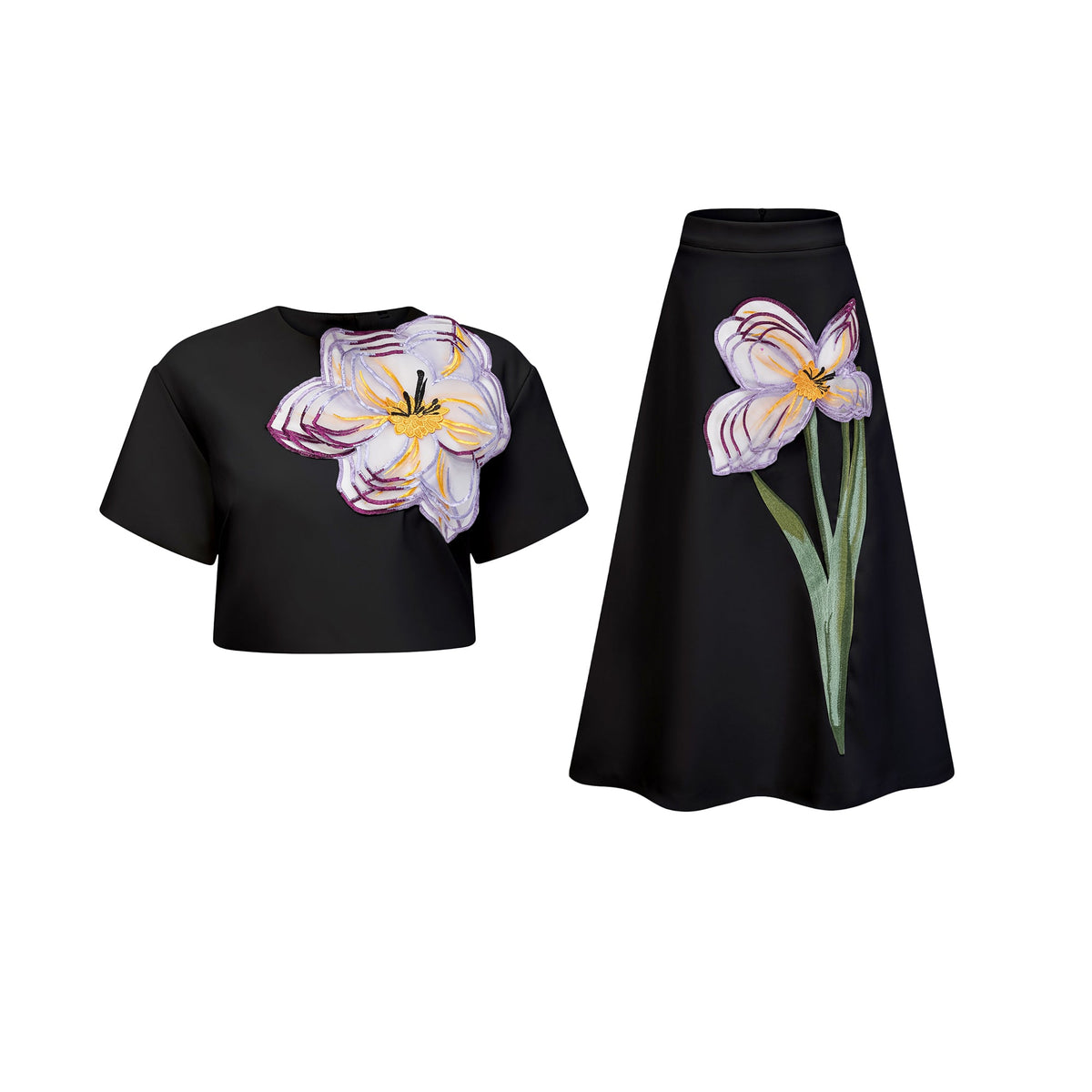 Irène Black Sequin Floral Embroidered Matching Set