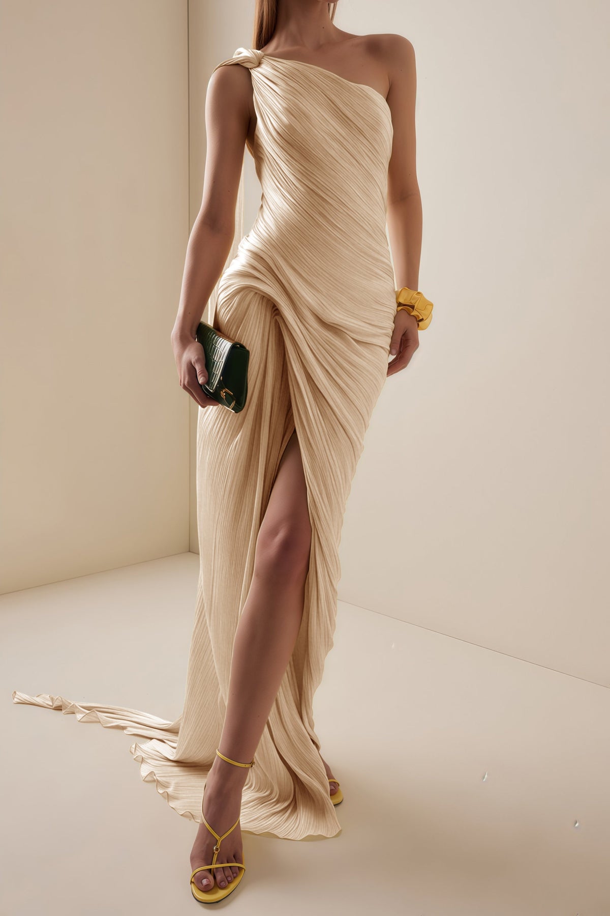 Meissa Neutral Asymmetrical Ruched Maxi Dress