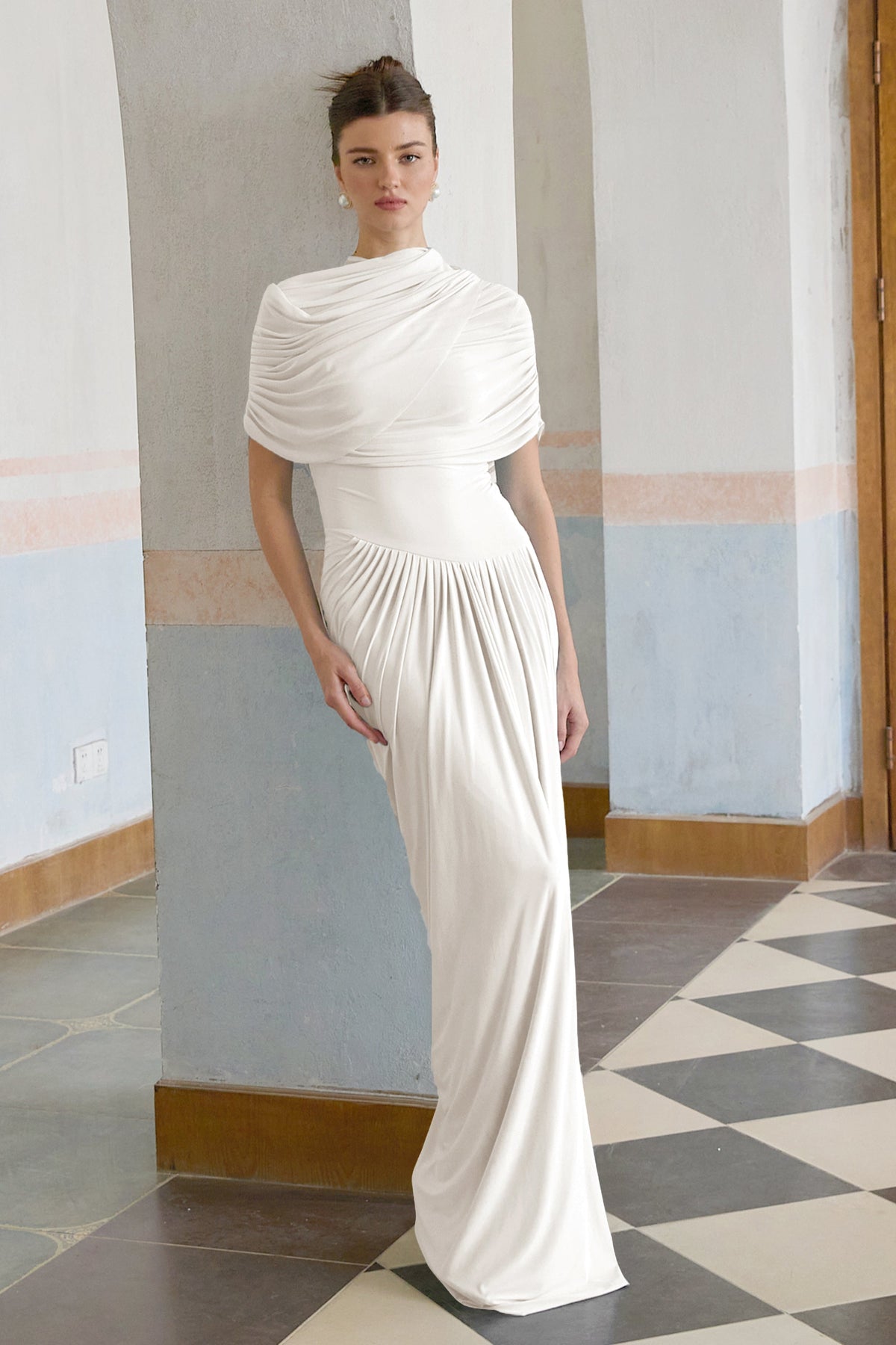 Catherine asymmetrical pleated maxi dress in White