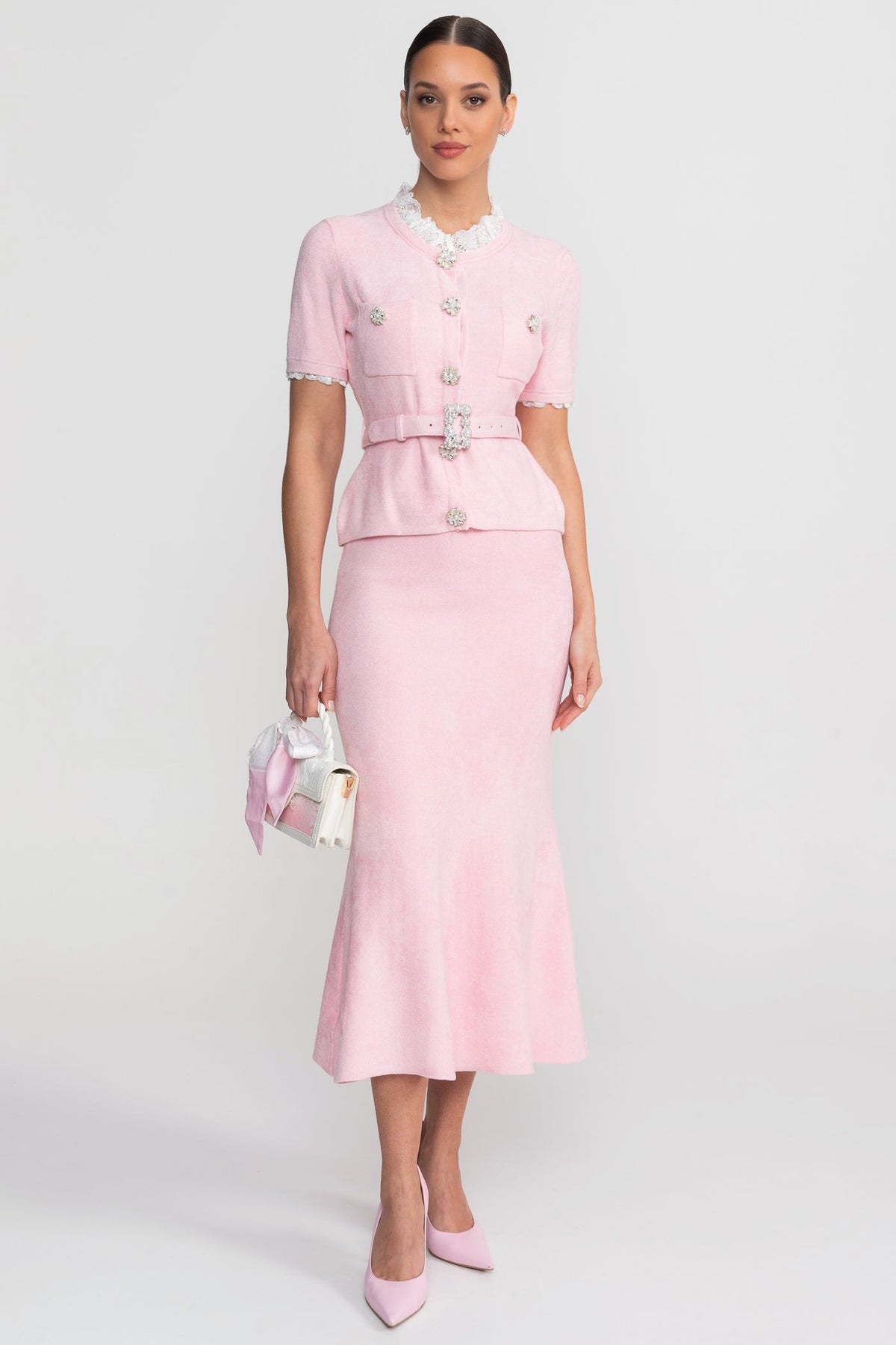 Short Sleeve Co-Ord With Peplum Waist And Crystal Button Belt - Blush Pink