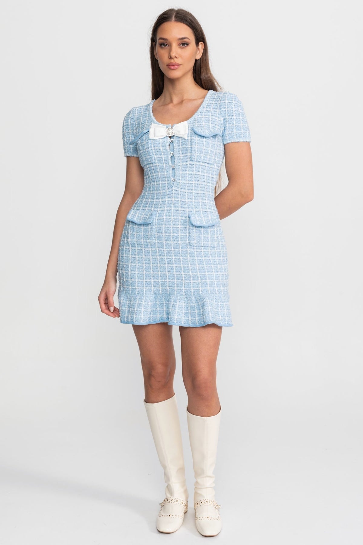 Textured Tweed Mini Dress with Bow Detail – Light Blue