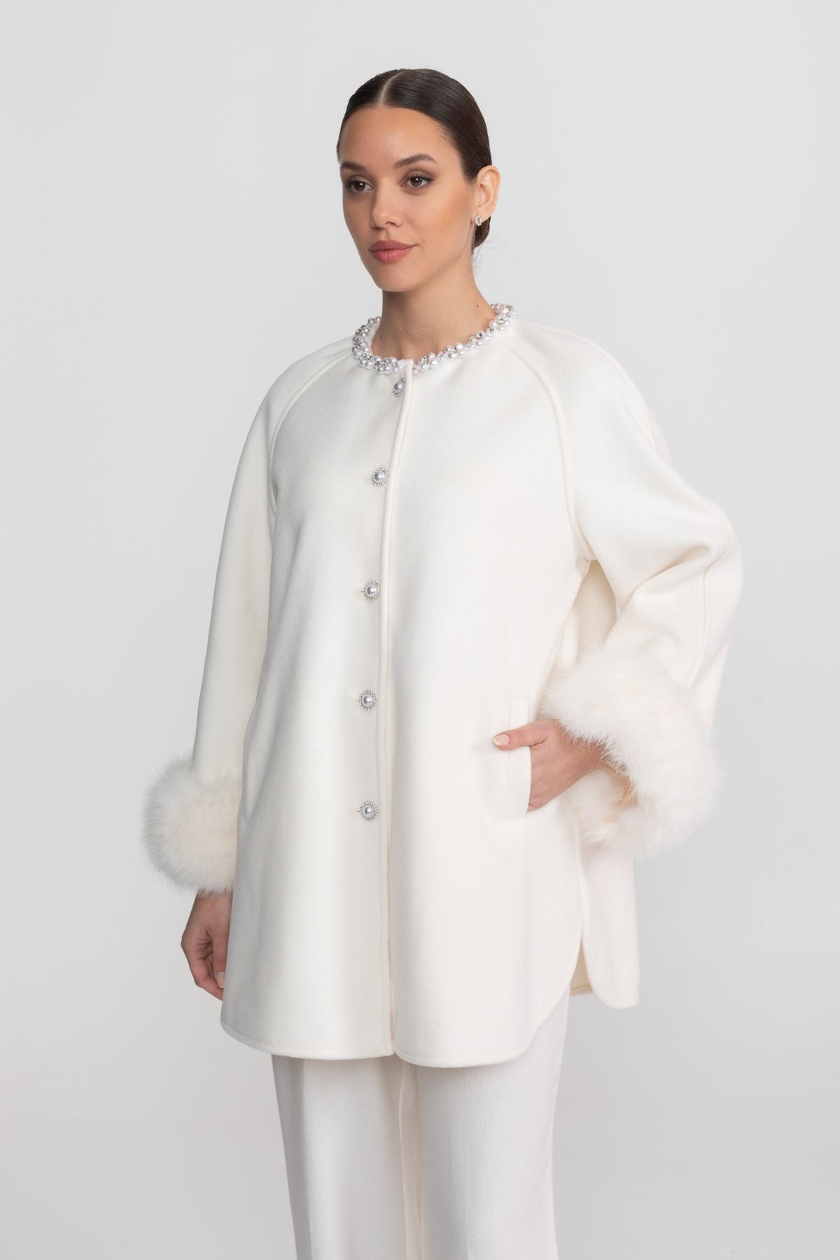 Longline Coat With Pearl Embellished Neckline And Fur Cuffs - White