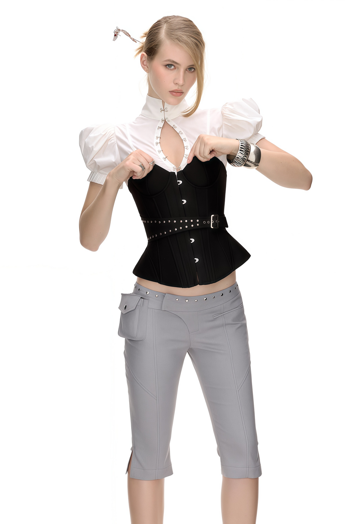 Tiril Black Studded Belted Corset Top