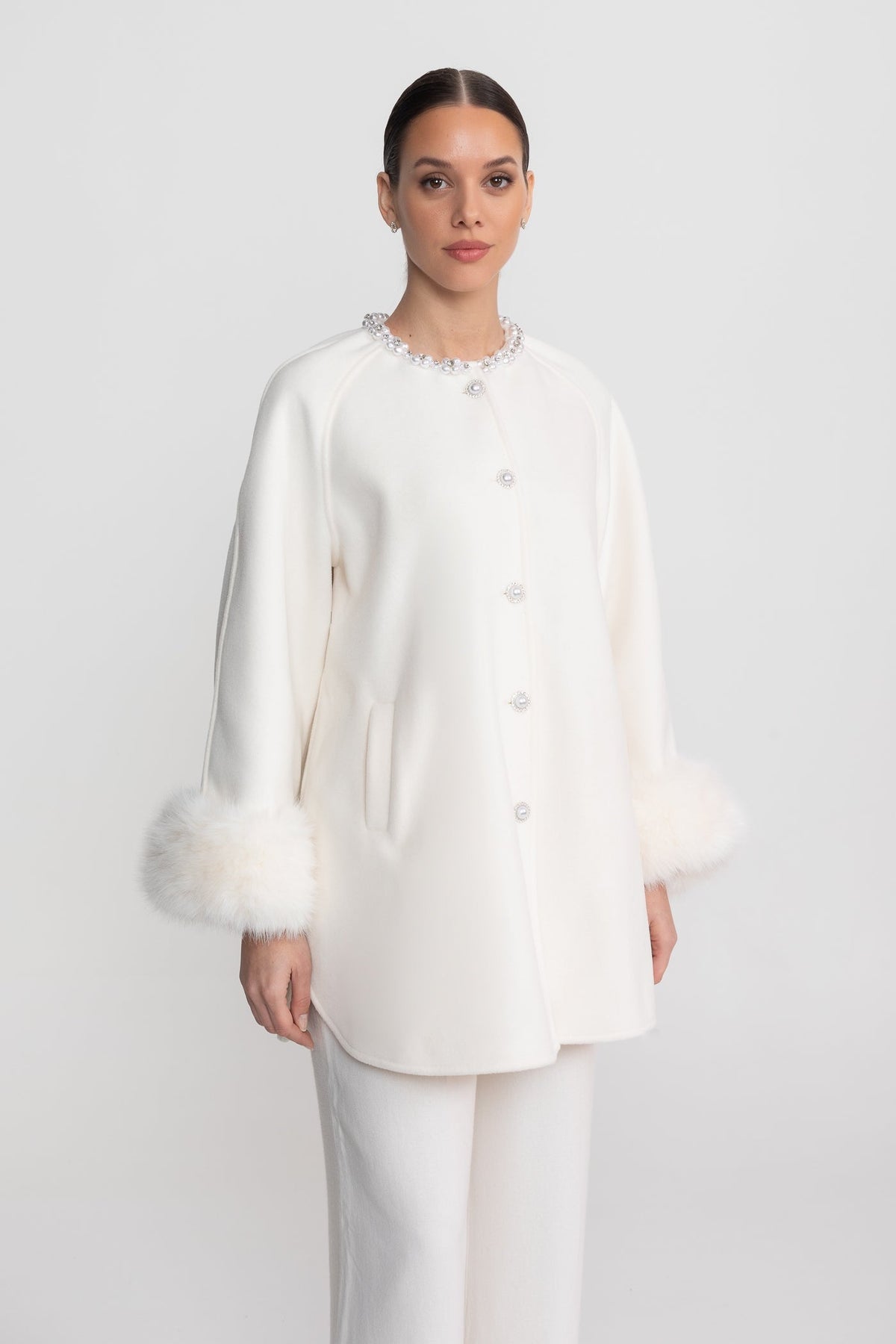 Longline Coat With Pearl Embellished Neckline And Fur Cuffs - White