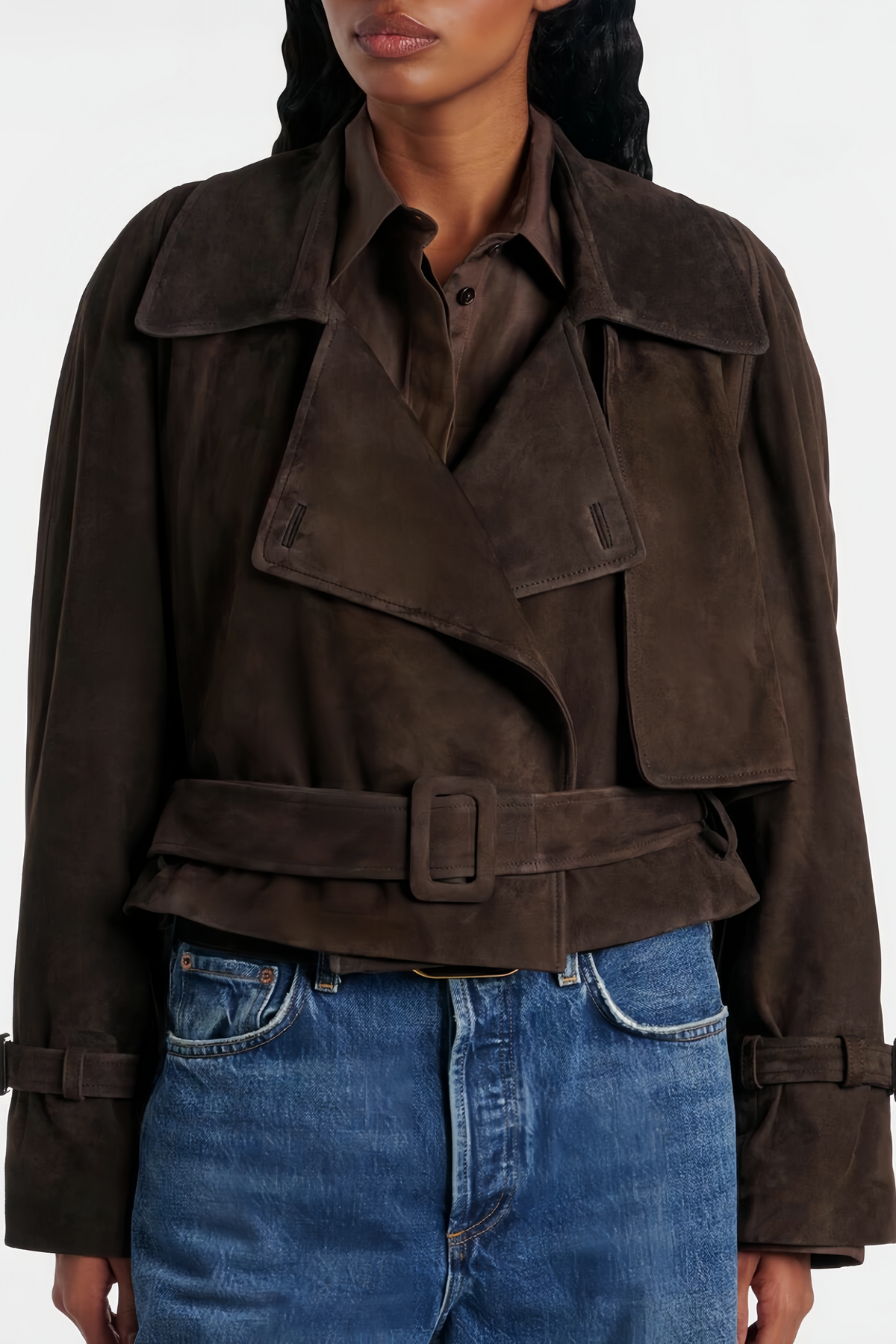 Esperanza Brown Belted Suede Short Biker Jacket