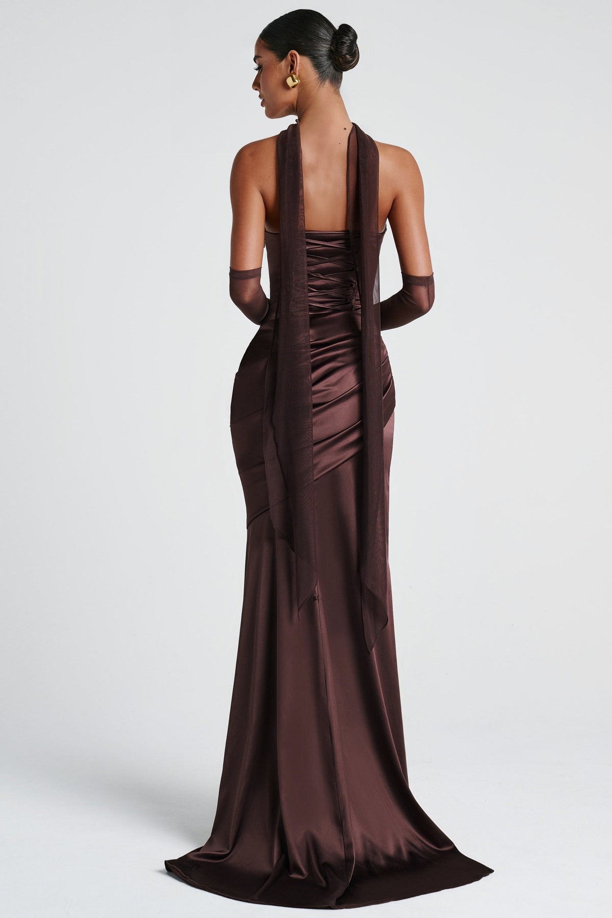 Marilou Brown Ruched Satin Maxi Dress