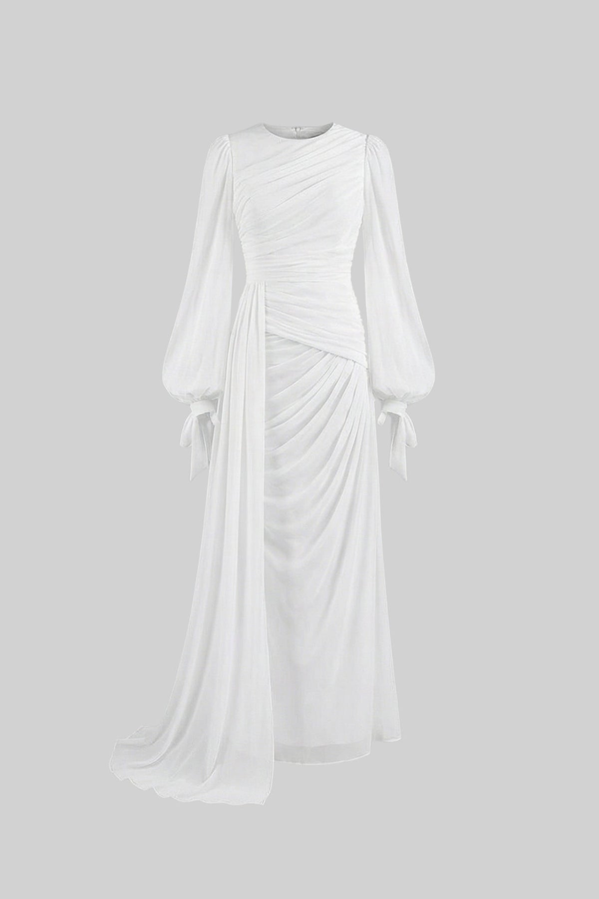 Draped Long-Sleeve Maxi Dress with Gathered Waist – White