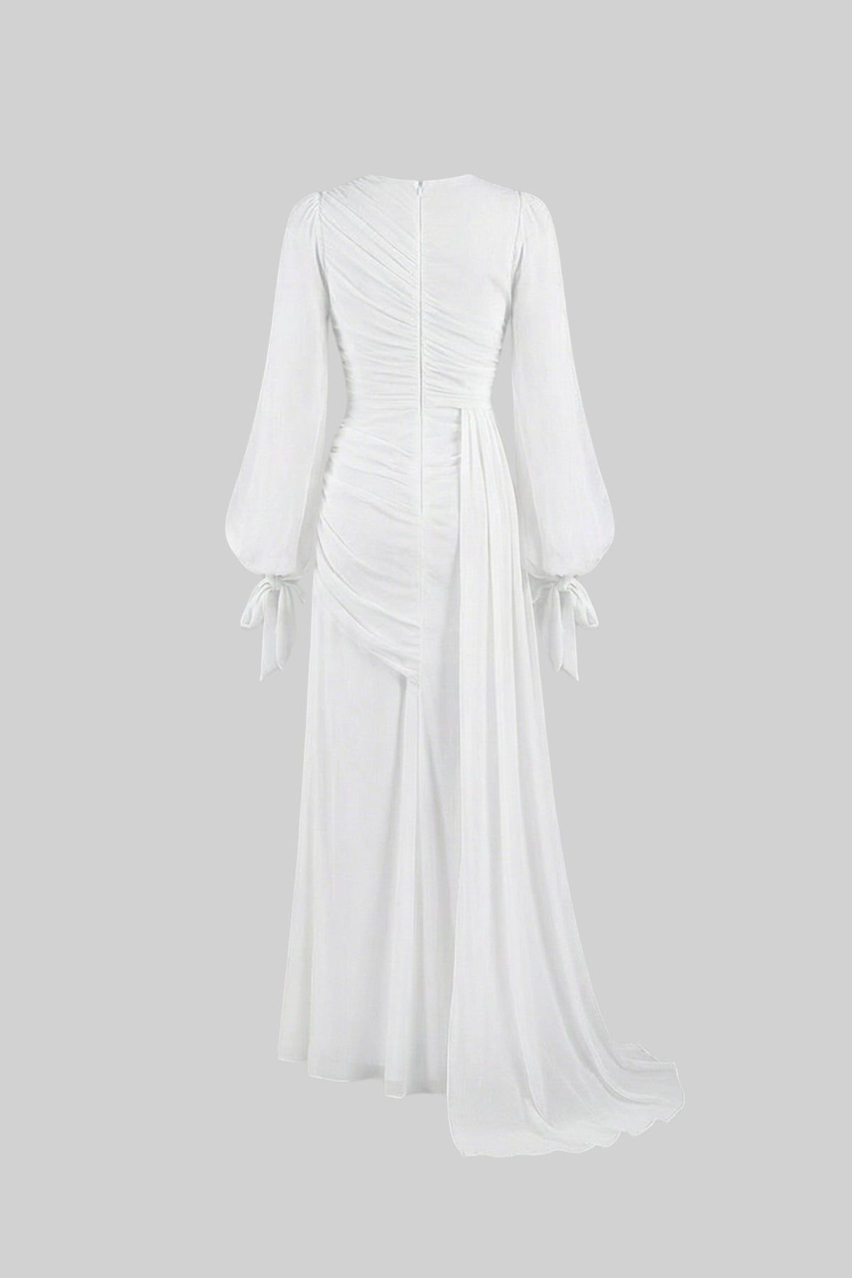 Draped Long-Sleeve Maxi Dress with Gathered Waist – White