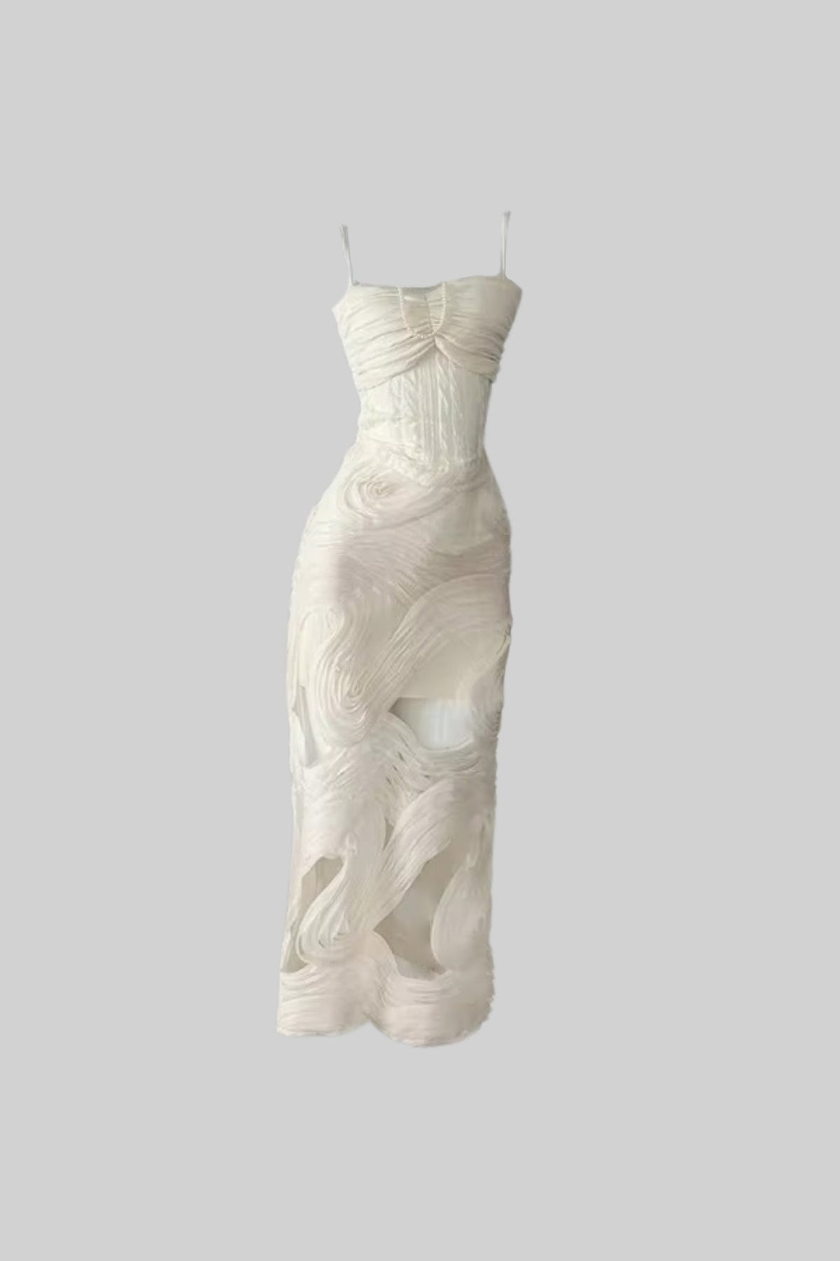 Sleeveless Evening Gown With Intricate Swirling Textures And Sheer Base Material - Ivoire