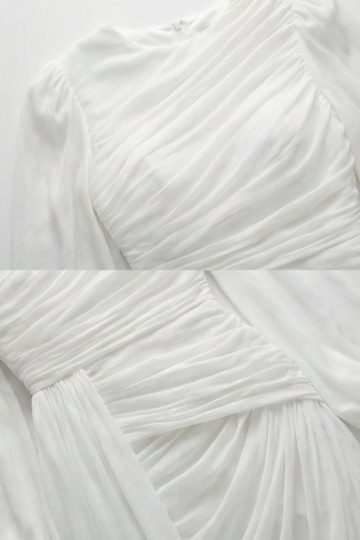 Draped Long-Sleeve Maxi Dress with Gathered Waist – White