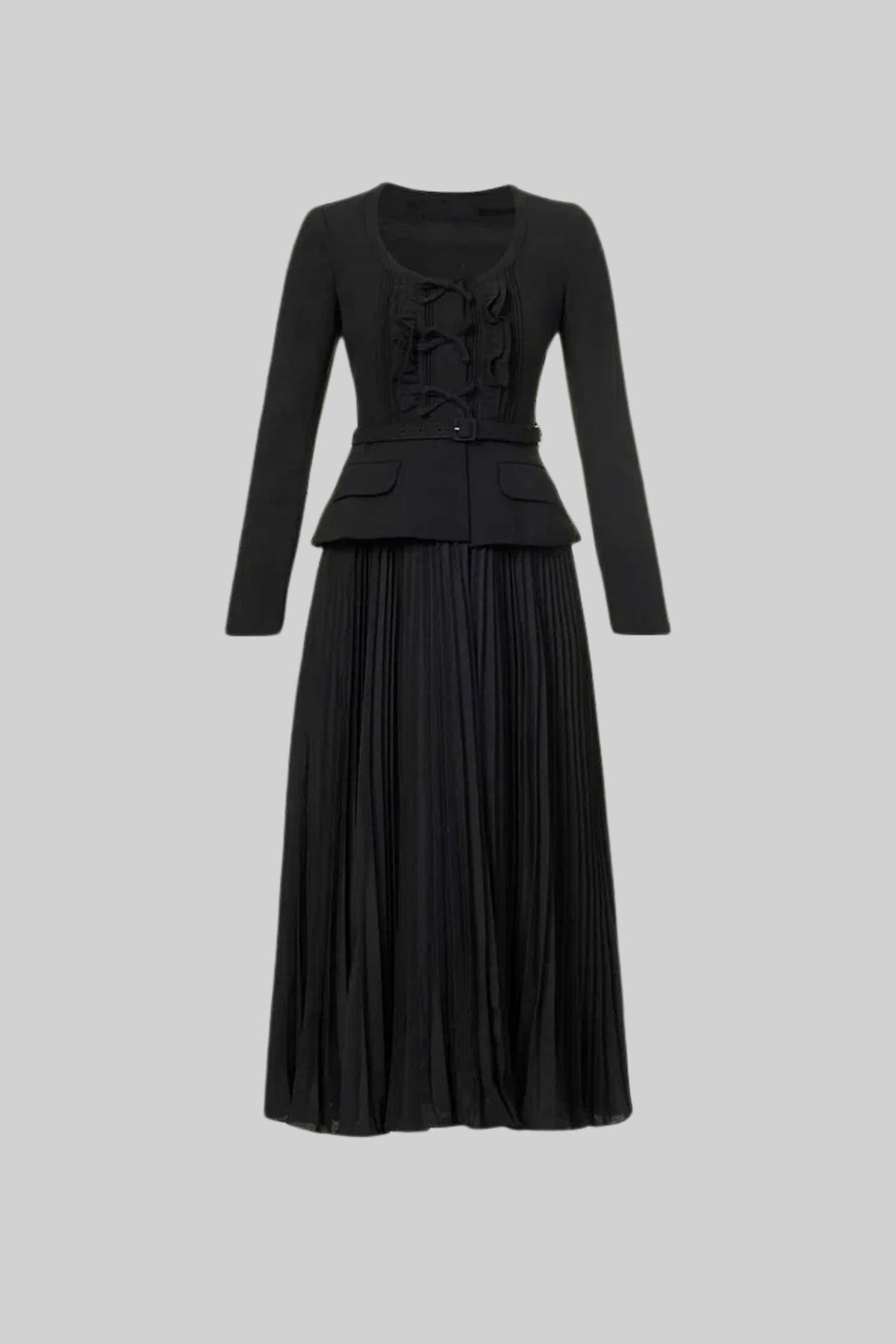 Long Sleeved Dress With Fitted Bodice And Maxi Pleated Skirt - Black