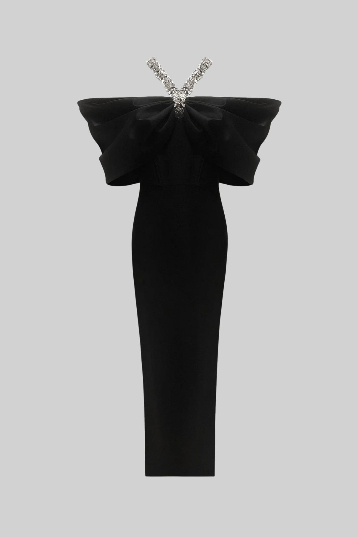 Embellished Bow-Neck Maxi Dress with Crystal Straps – Black