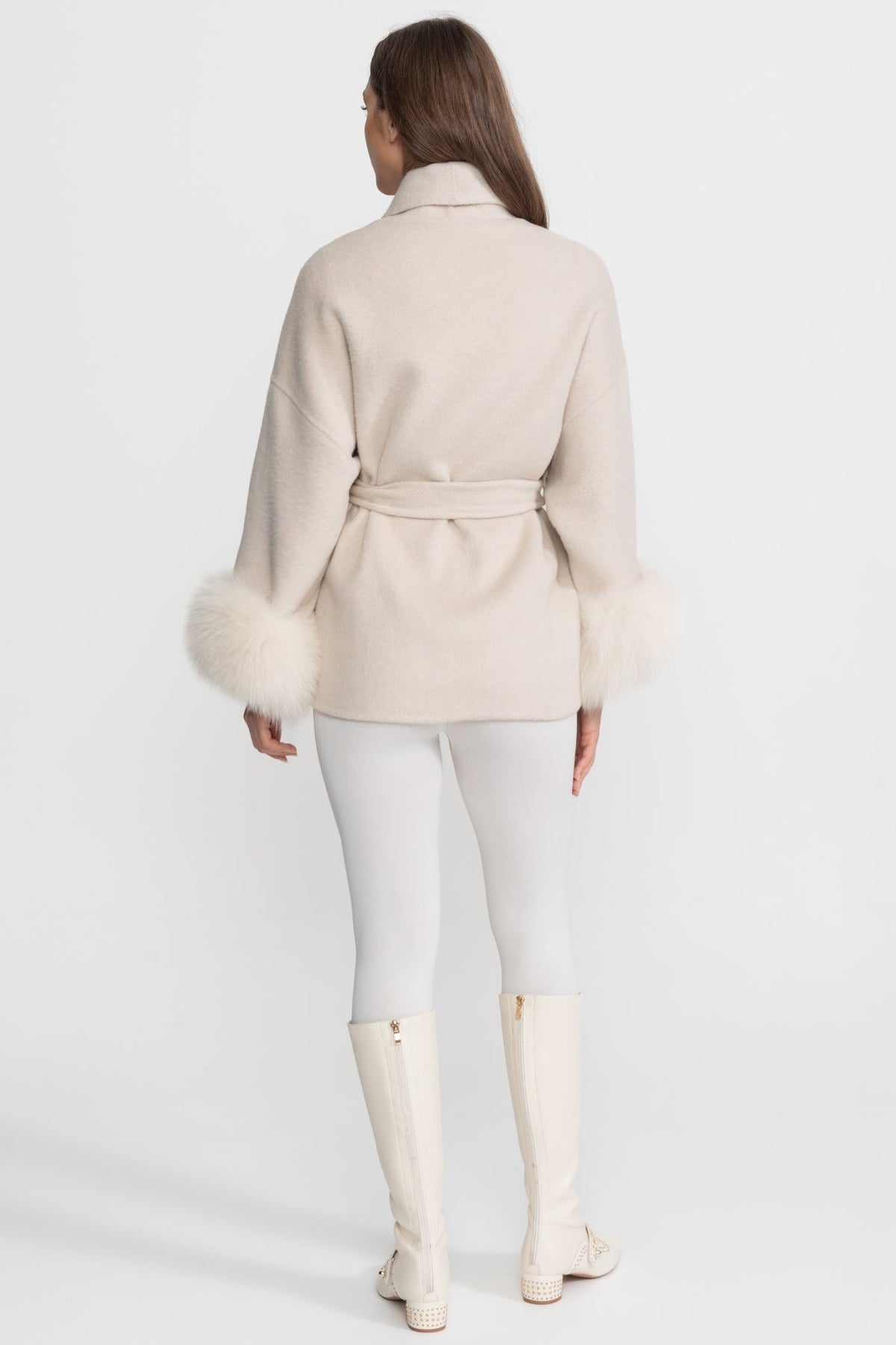 Wool Blend Wrap Jacket with Fox Fur Cuffs – Cream