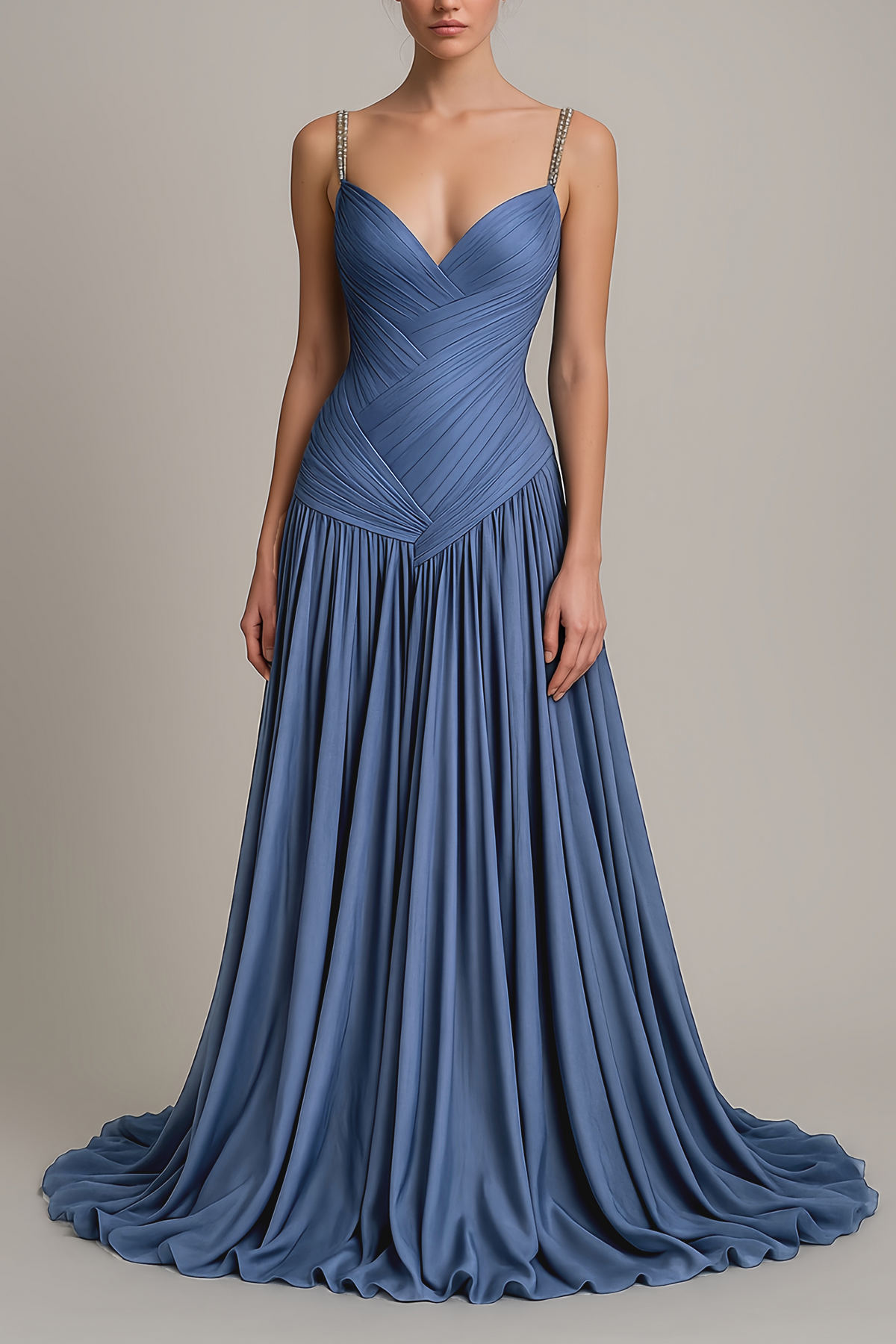 Angelína Blue Diagonal Pleated Gathered Maxi Gown