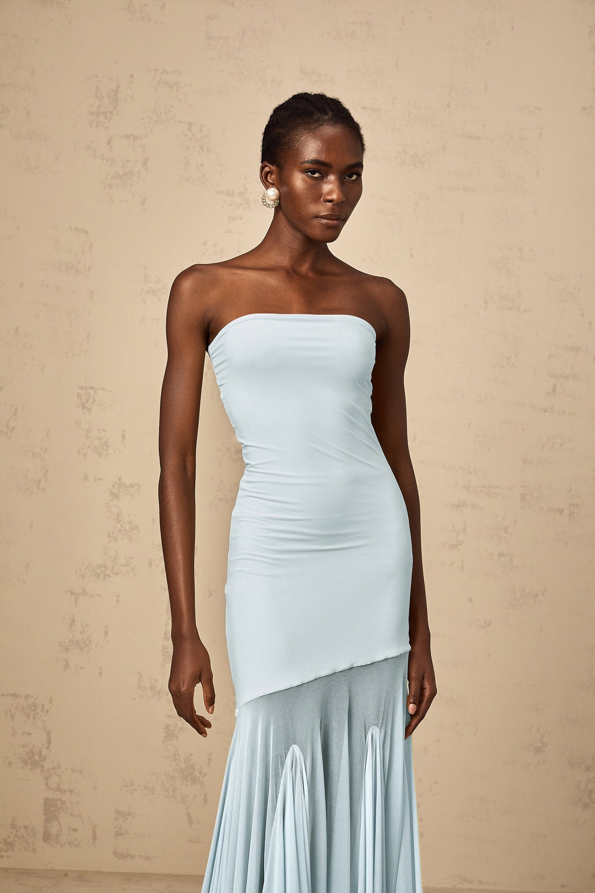 Josiane Blue Off-shoulder Sheer Tulle Maxi Dress