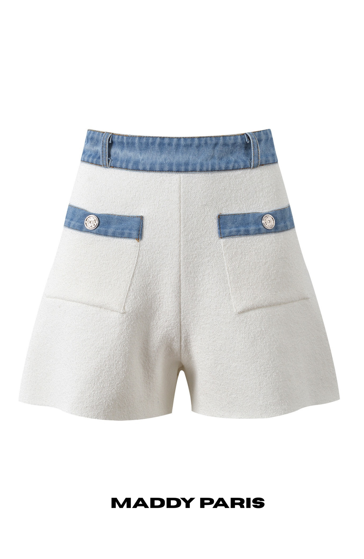 MADDY ELLIOT WHITE DENIM-TRIM COTTON-BLEND BOUCLÉ SHORTS - WHITE