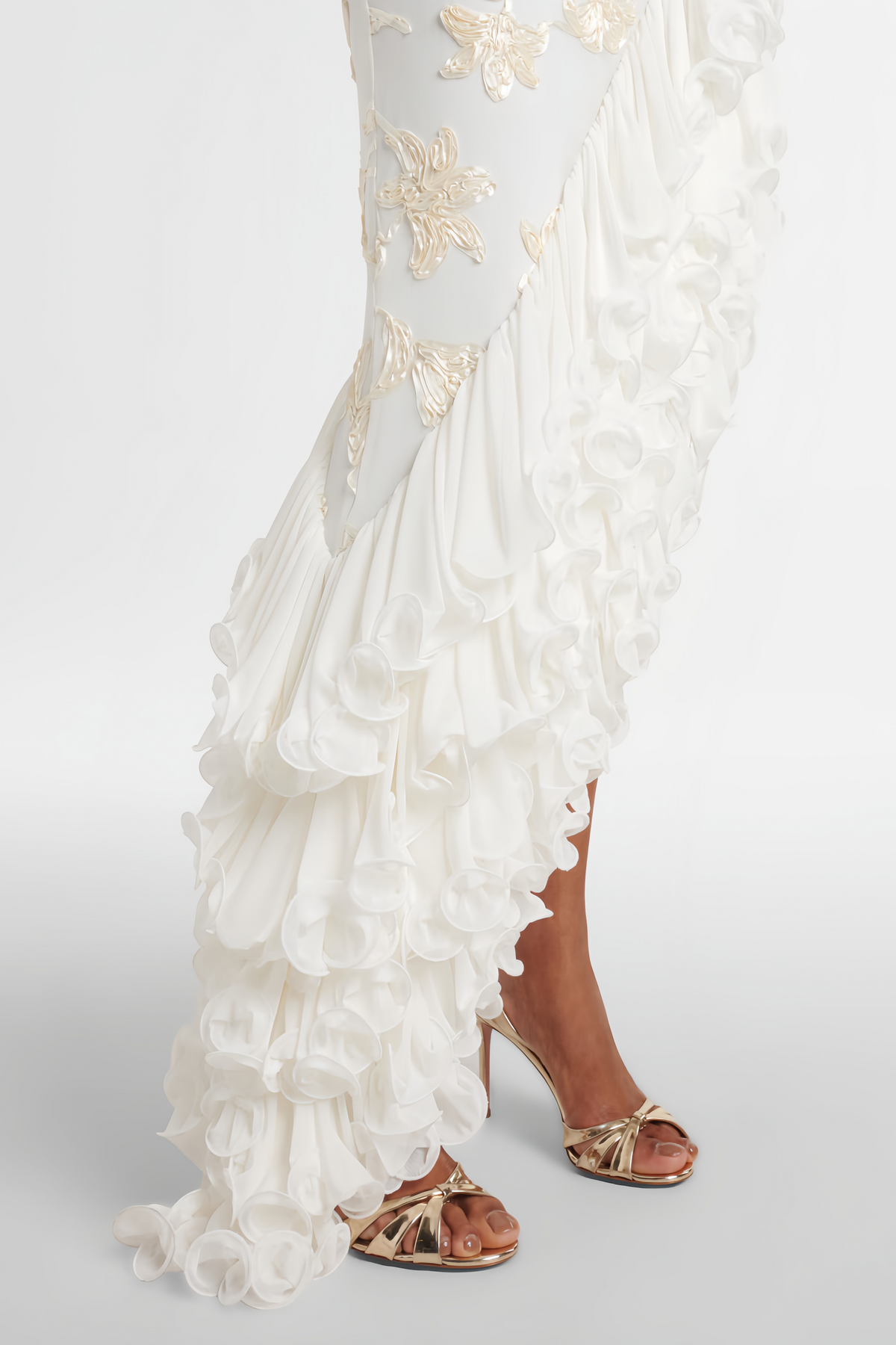 Théoline Neutral Asymmetrical Ruffled Floral Midi Dress
