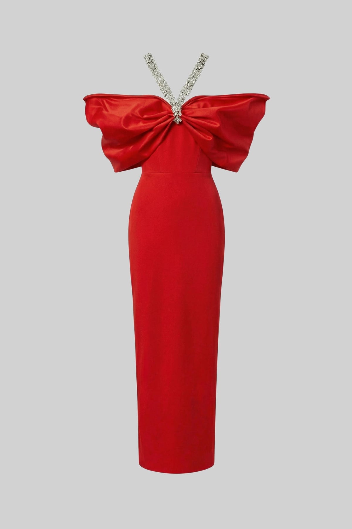 Embellished Bow-Neck Maxi Dress with Crystal Straps – Red