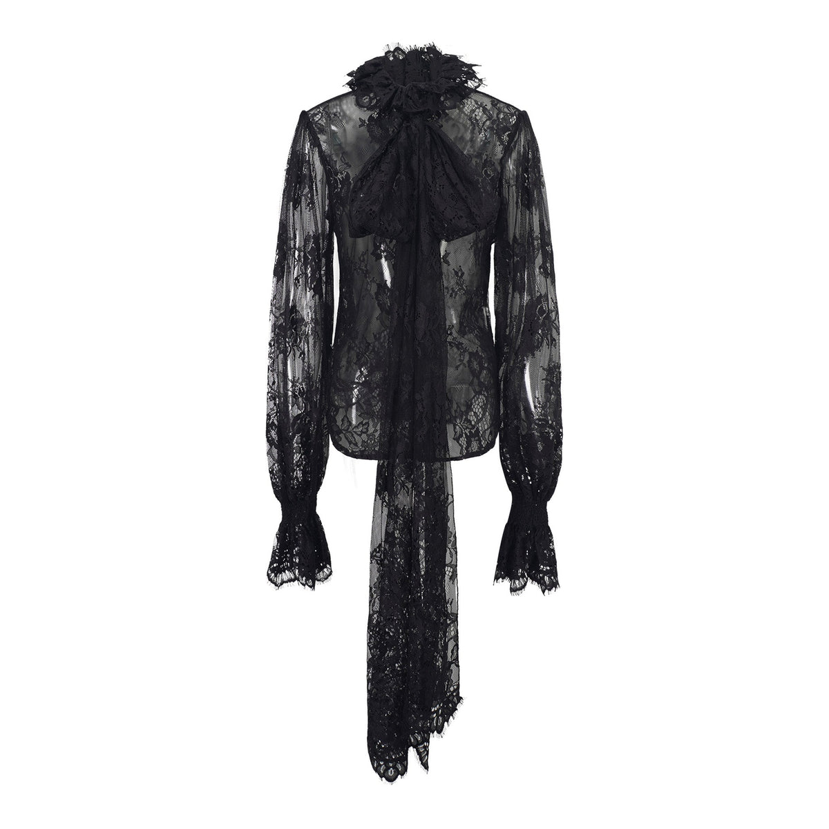 Quintine Black Ribbon Tie-Neck Floral Lace Blouse