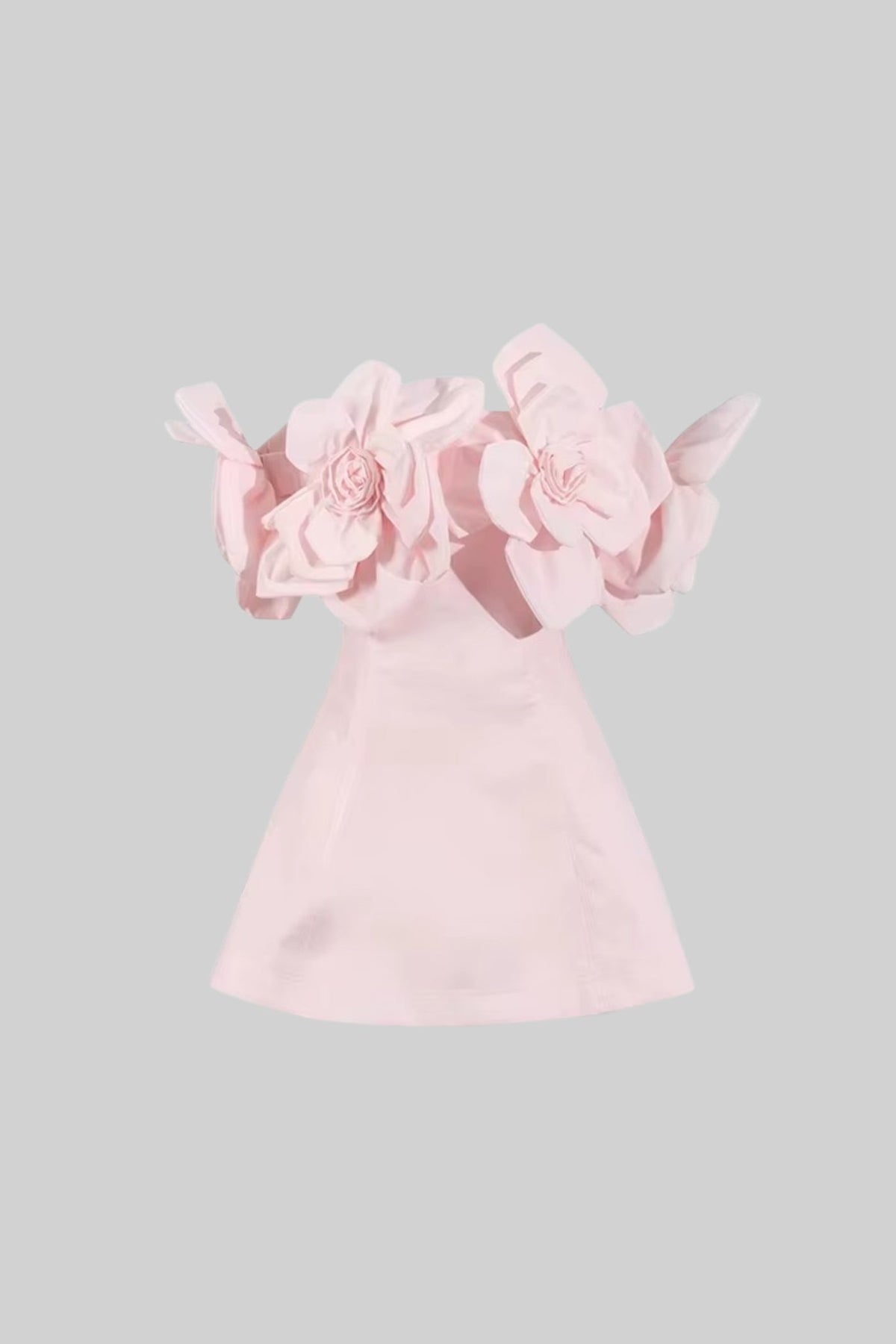 Off-Shoulder Mini Dress With Large Fabric Floral Accents - Pink