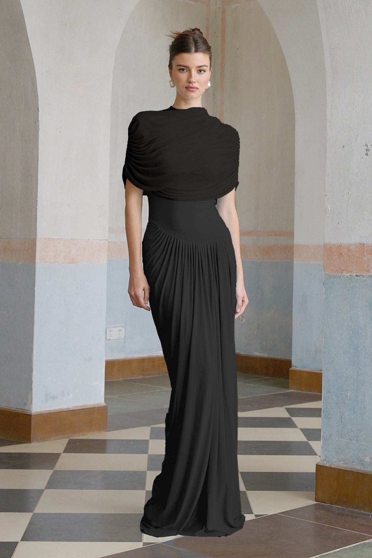 Catherine asymmetrical pleated maxi dress in Black
