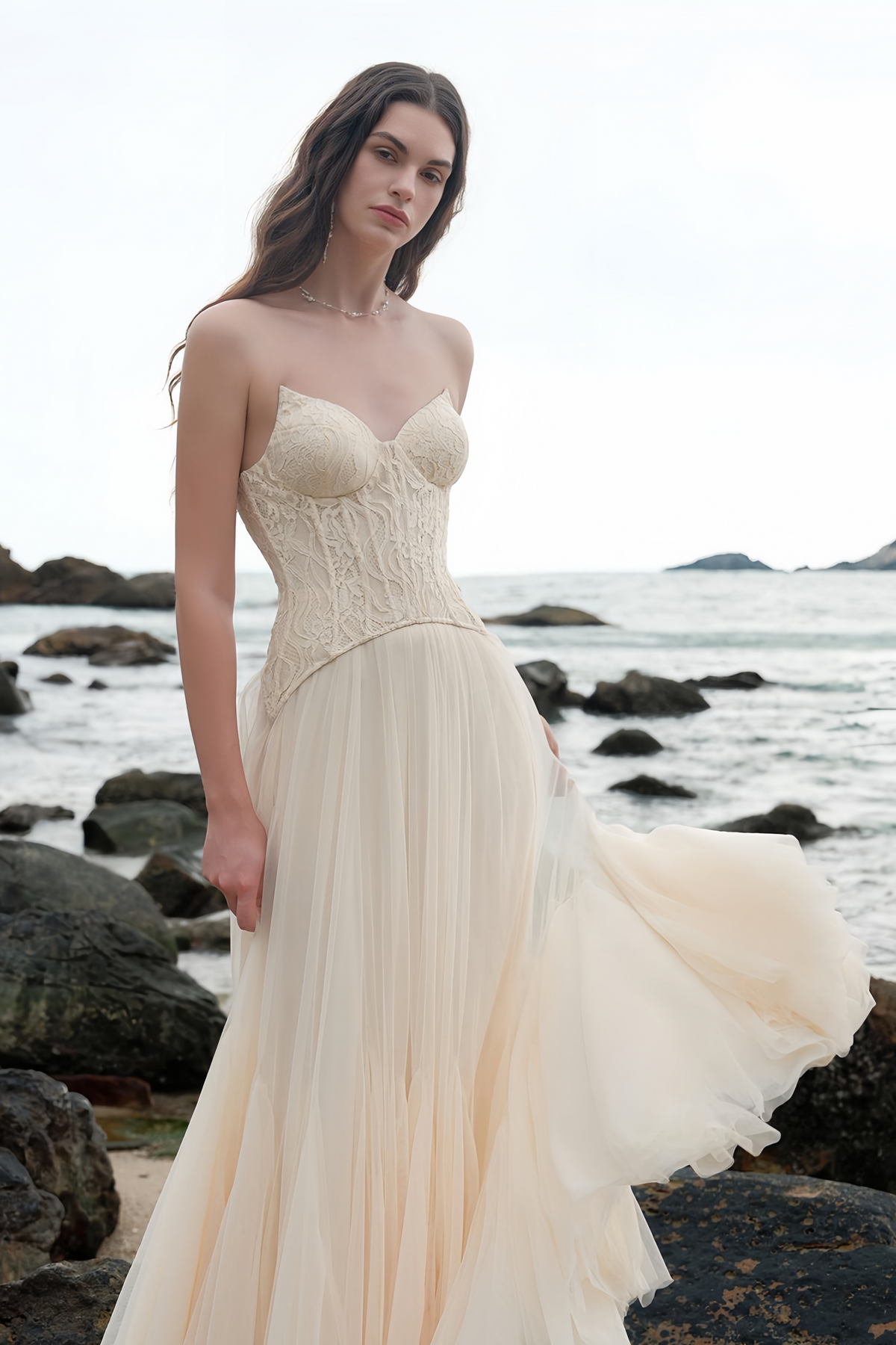 Ulrique Beige Lace Corset Tulle Maxi Dress