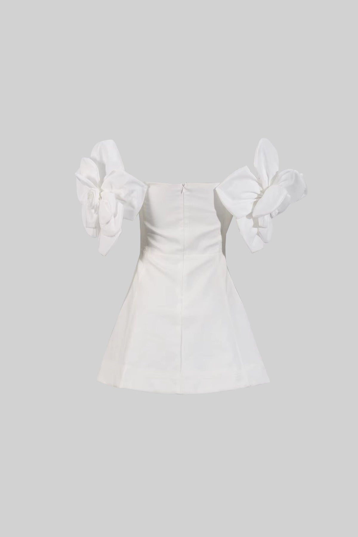Off-Shoulder Mini Dress With Large Fabric Floral Accents - White
