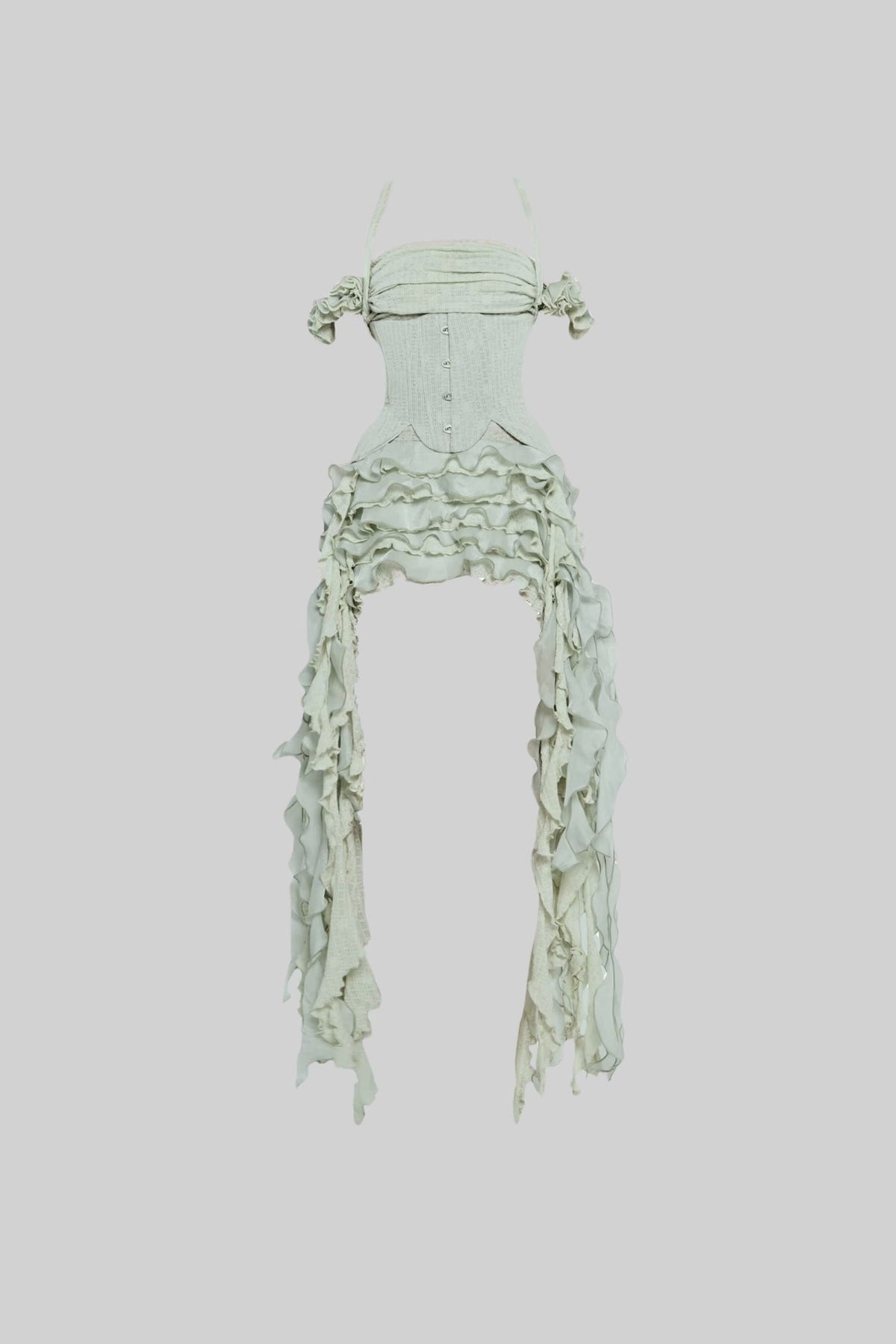 Vintage Inspired Corset Dress With Ruched Bustier And Flowing Ruffled Side Details - Green