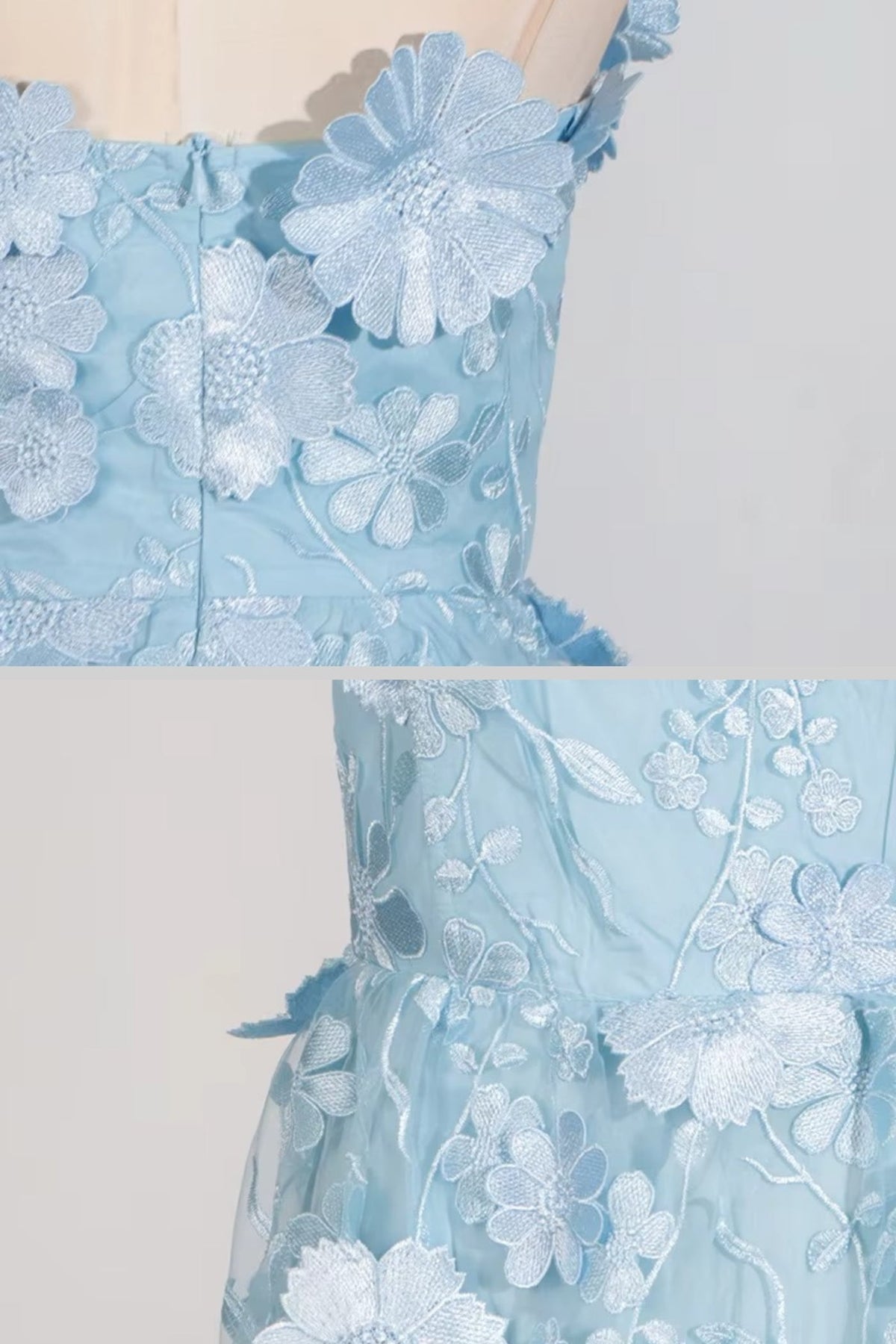 Layered Sheer Dress With Fitted Waist And Floral Appliques - Light Blue