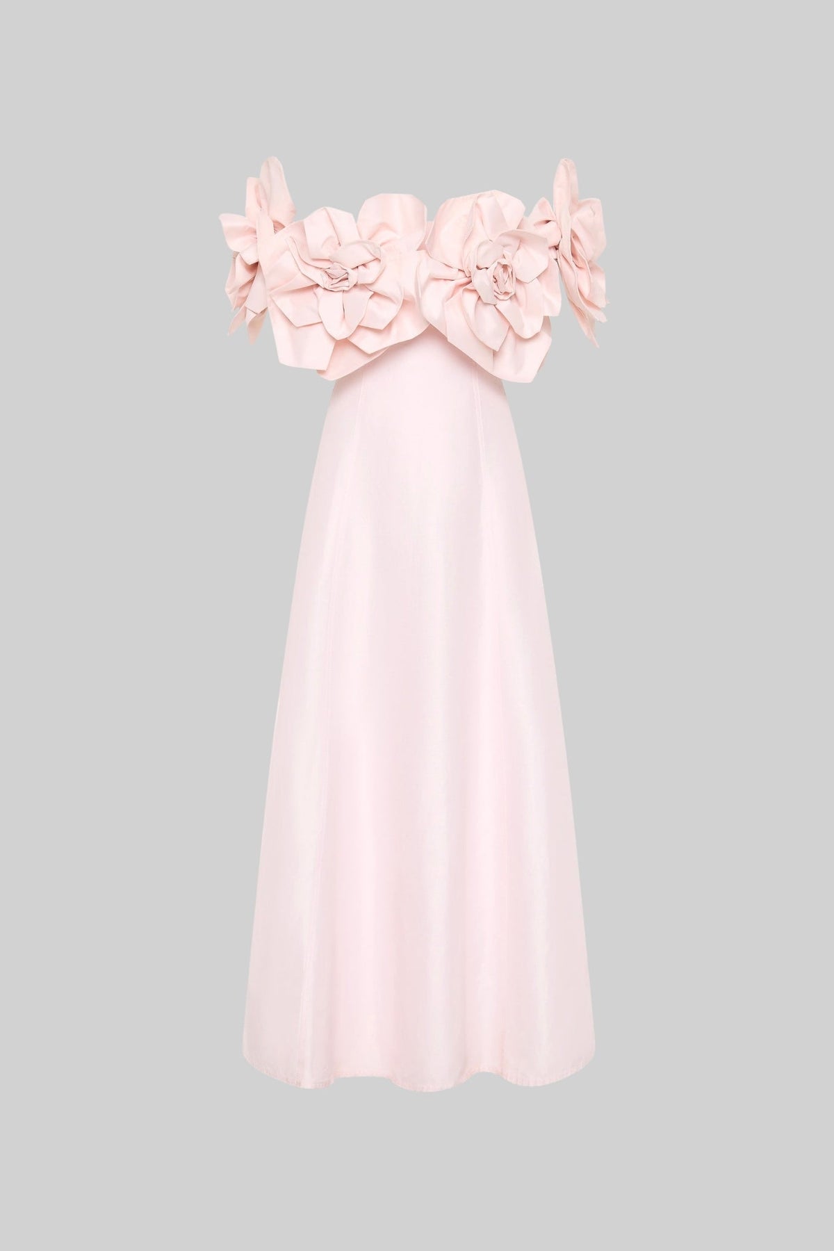 Off-Shoulder Midi Dress With Large Fabric Floral Accents - Pink