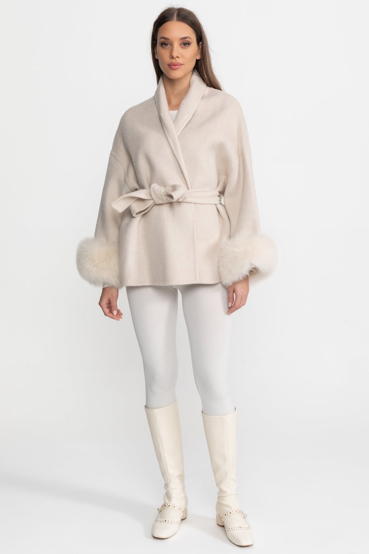 Wool Blend Wrap Jacket with Fox Fur Cuffs – Cream