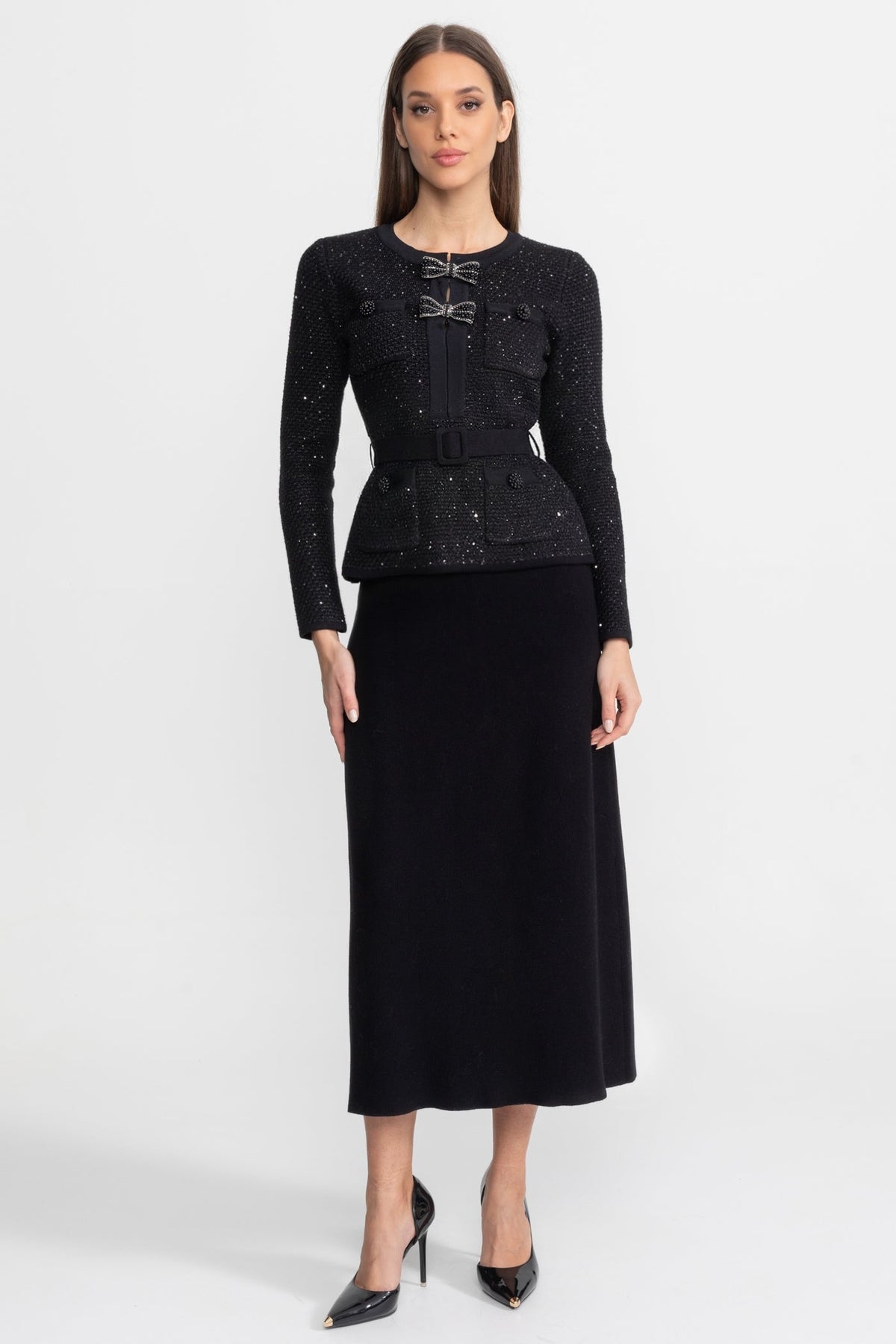 Embellished Tweed Co-Ord Set with Bow Closures And Midi Skirt – Black
