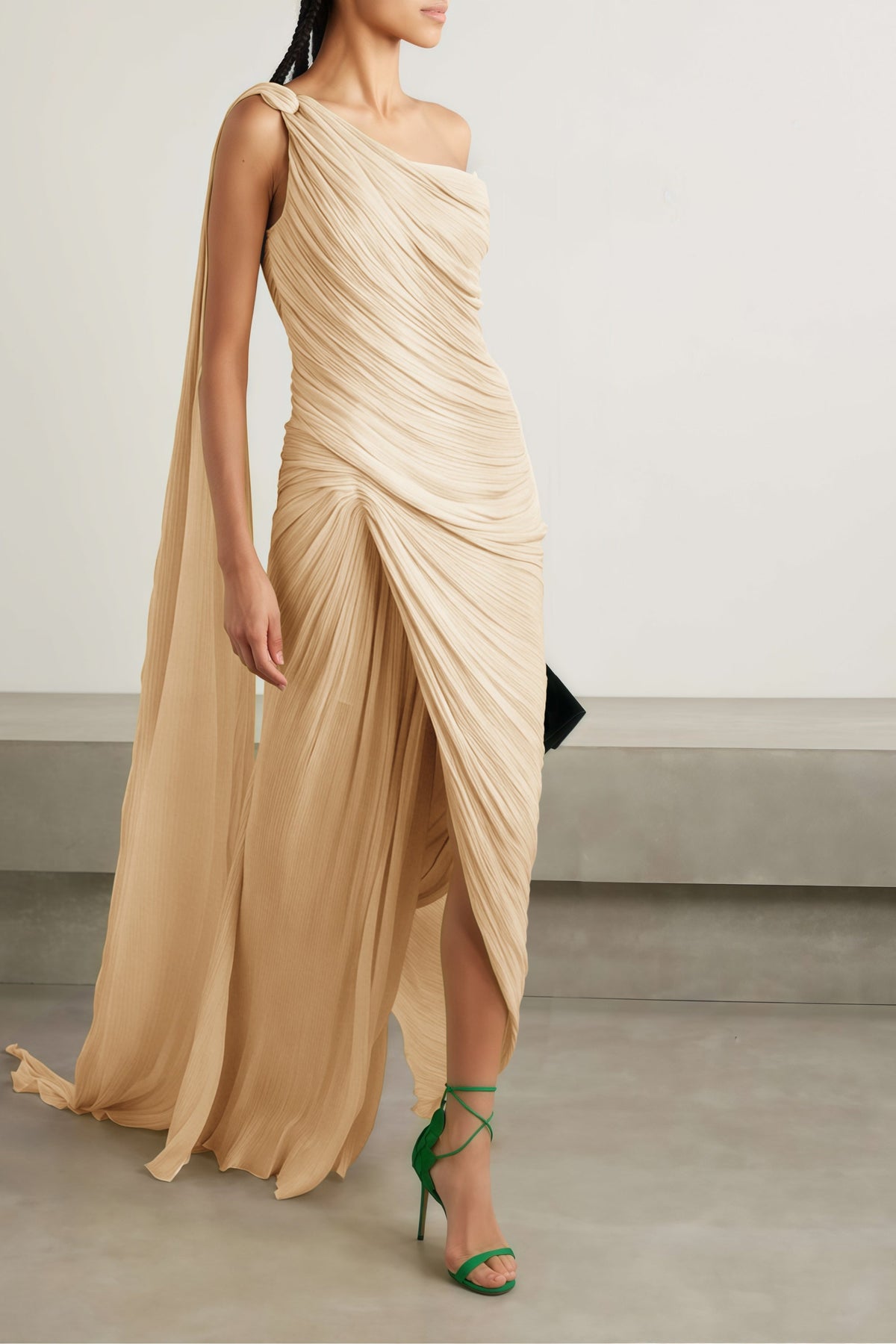 Meissa Neutral Asymmetrical Ruched Maxi Dress
