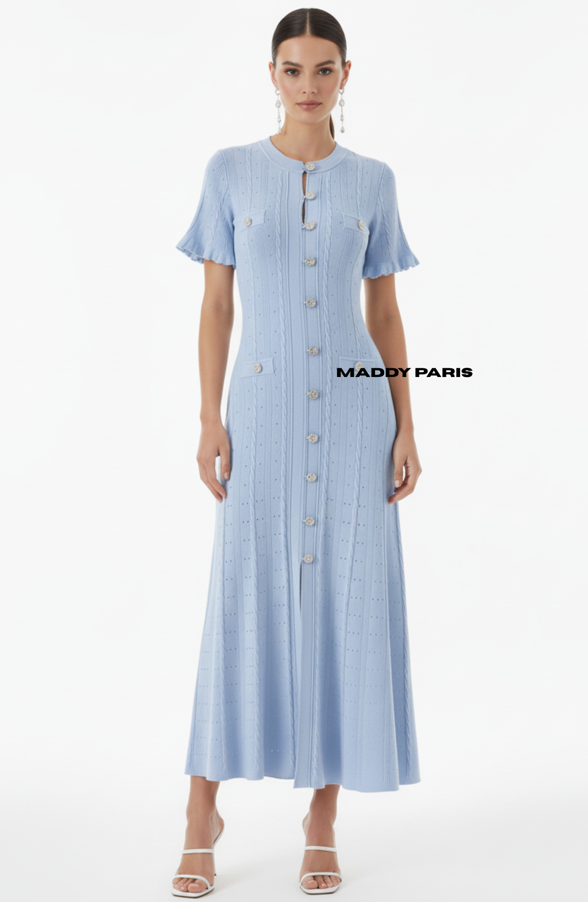 SANDRO GISELLE KNIT MIDI DRESS - LIGHT BLUE