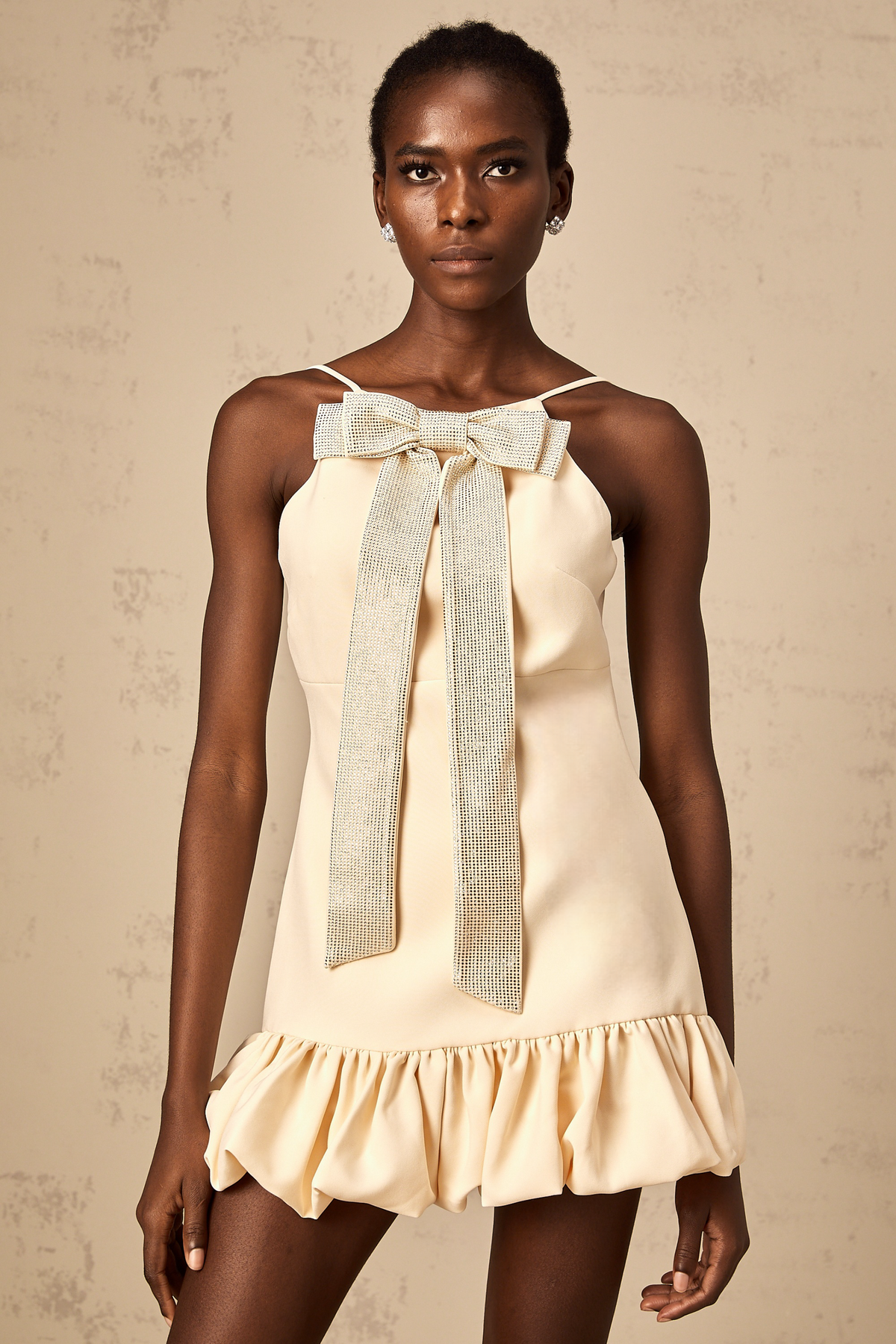 Hannah neutrals bow rhinestone mini dress