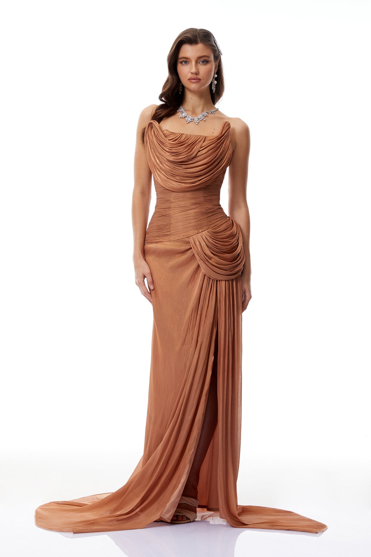 Gelsomina Gold Asymmetrical Glossy Gathered Maxi Dress(Final Sale-US Only)
