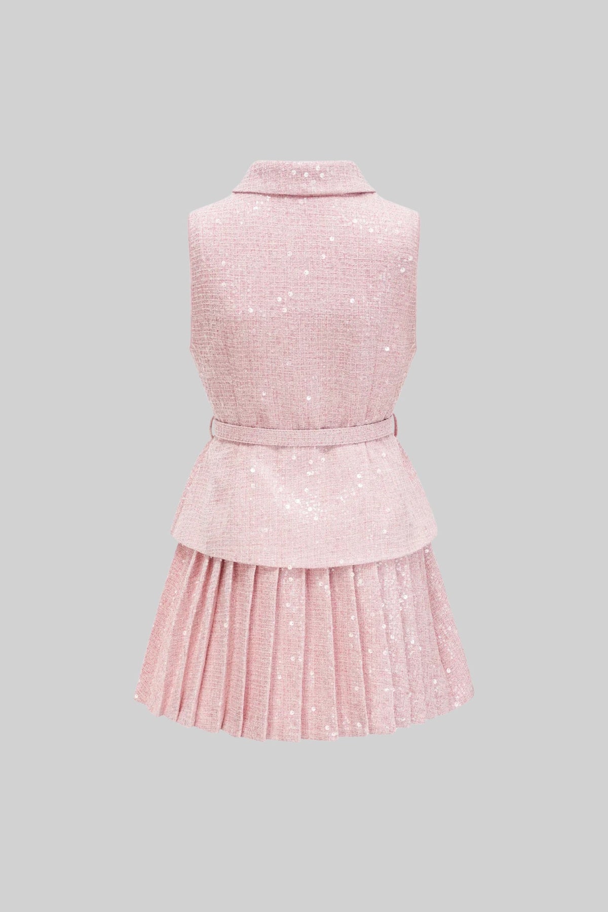 Sleeveless Textured Mini Dress With Pleated Skirt And Waistbelt - Pink