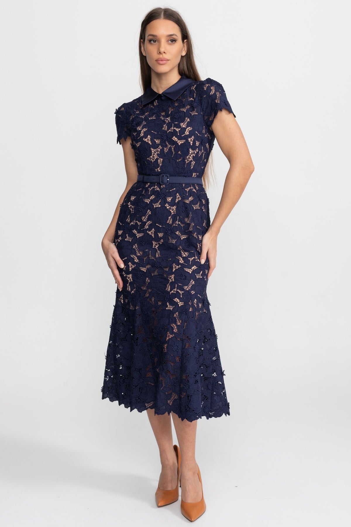 Lace Midi Dress with Belted Waist and Collared Neckline – Navy