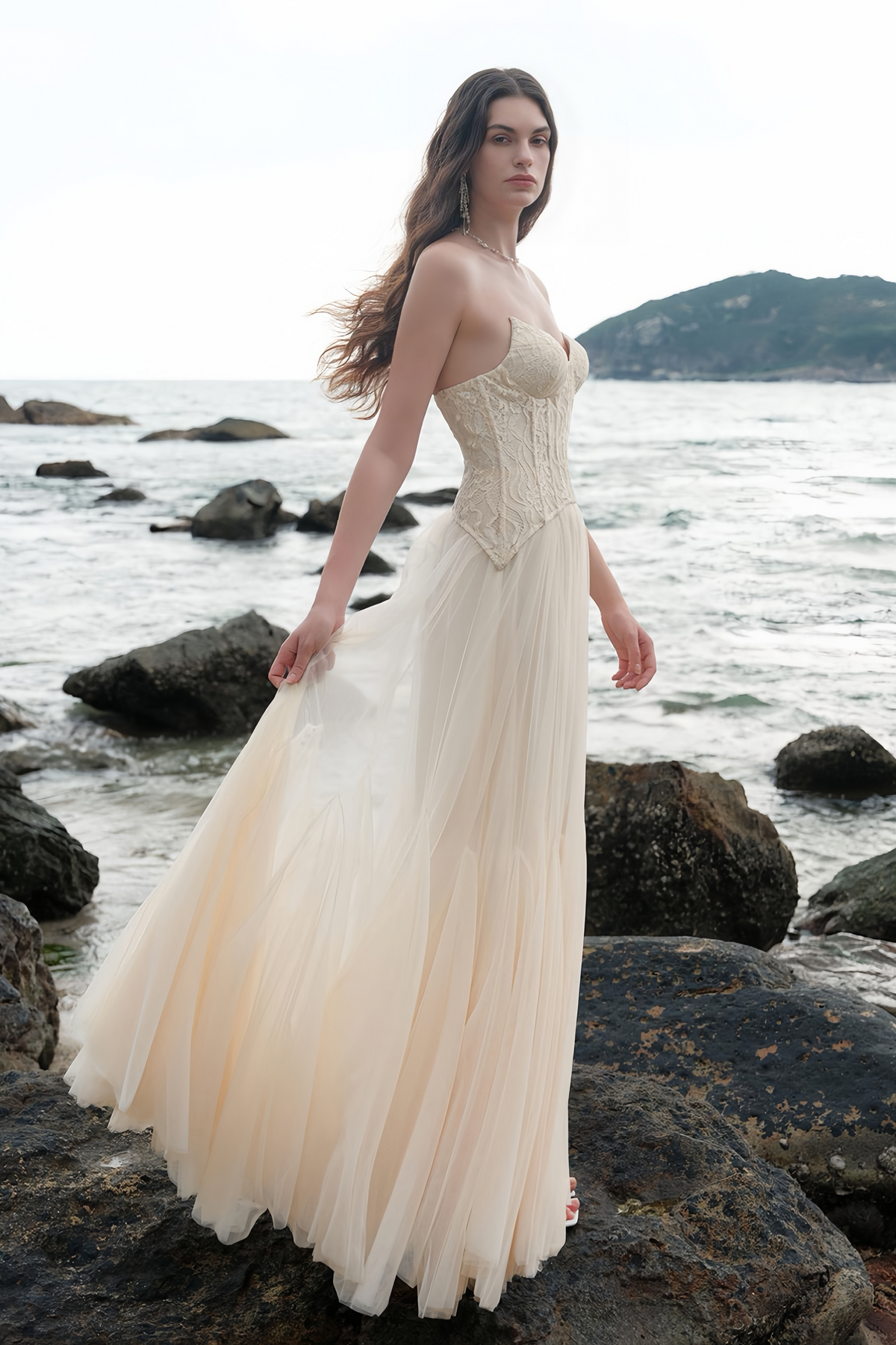 Ulrique Beige Lace Corset Tulle Maxi Dress